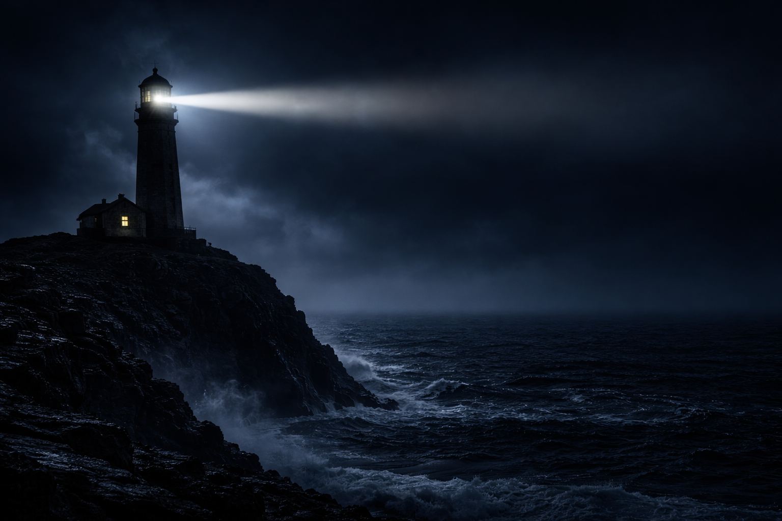 Faro acceso su una scogliera, col mare in tempesta