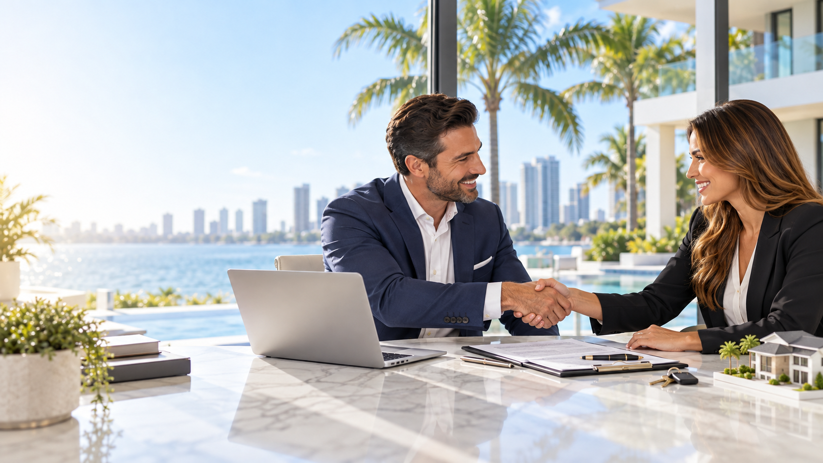 Couple and mortgage professional at a home