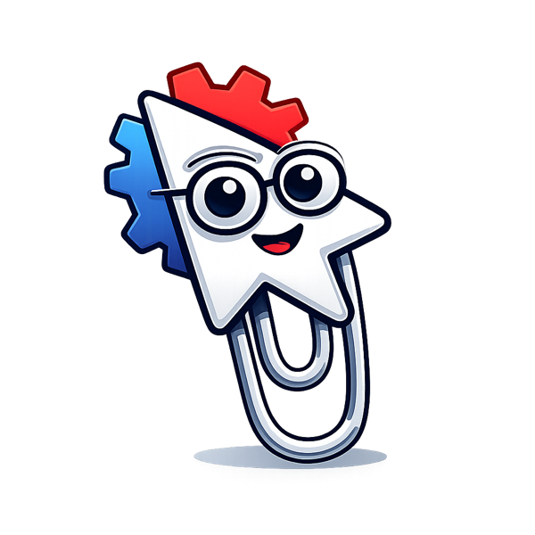 Clicky, a paperclip mascot with glasses, a star head and a gear