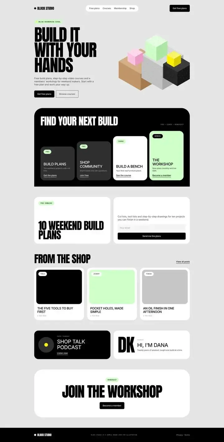 Example funnel hub website for Block Studio, a sample business