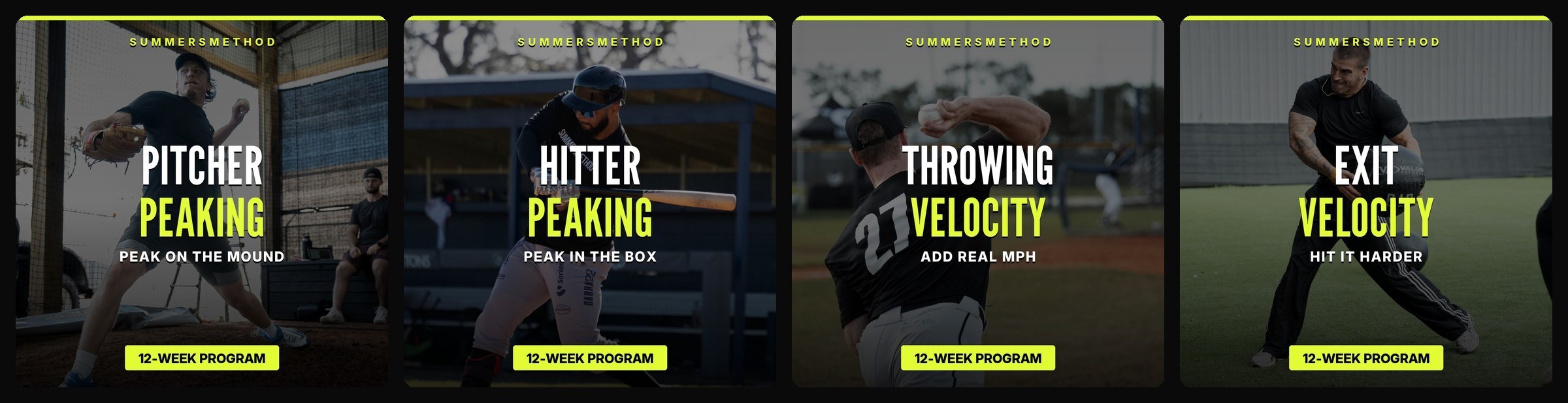 The four 12 Week Peaking System programs — Pitcher Peaking, Hitter Peaking, Throwing Velocity, Exit Velocity