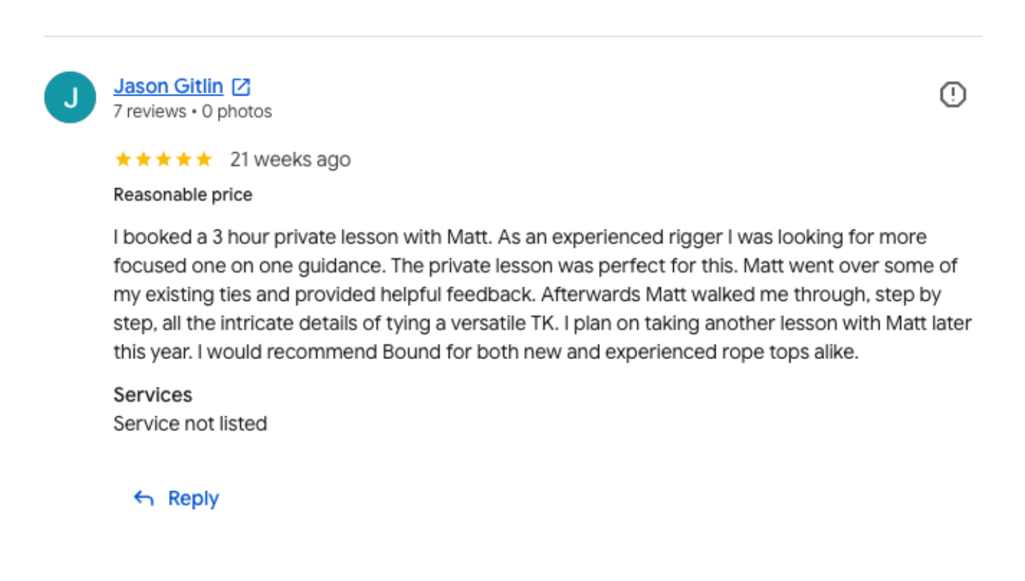 Original Google review from Jason G.