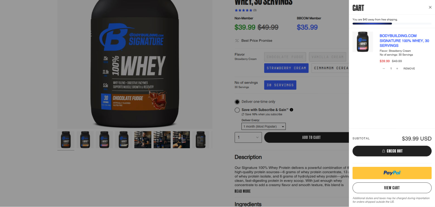 Bodybuilding.com cart drawer with a free shipping progress bar that says You are $40 away from free shipping
