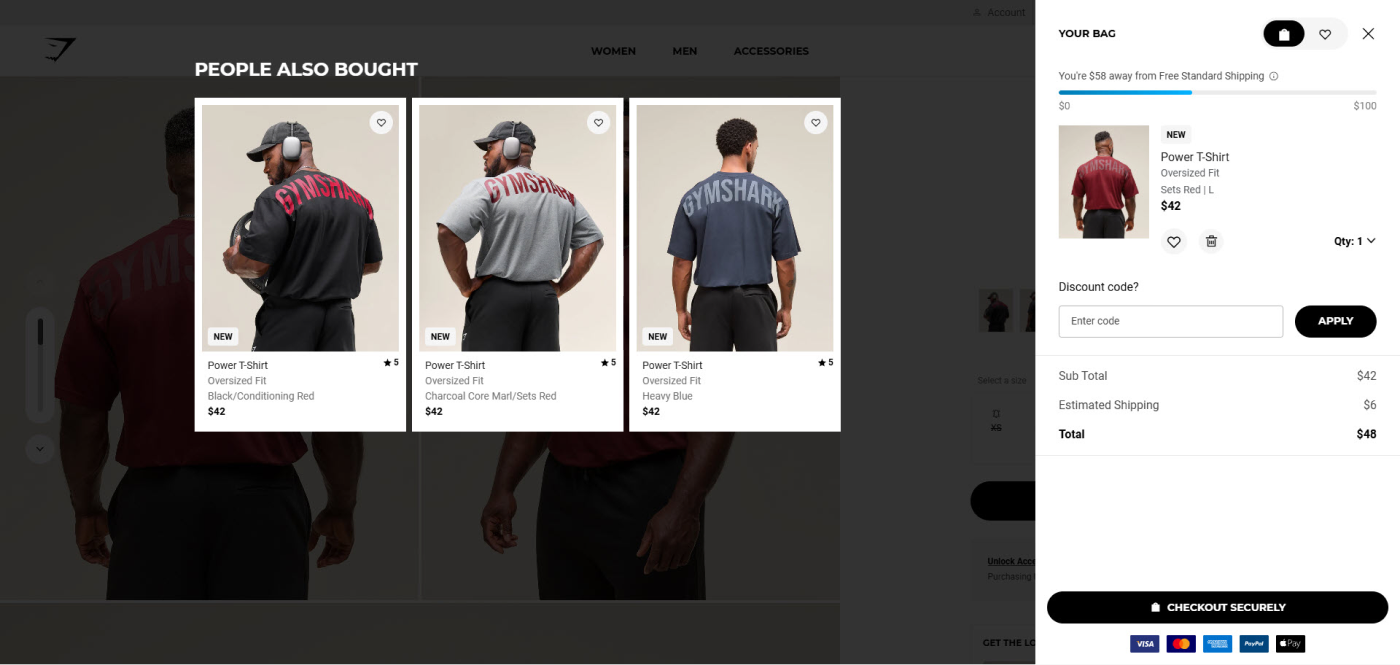 Gymshark cart with a progress bar that says You're $58 away from Free Standard Shipping, from $0 to $100