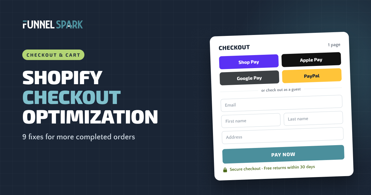 A one-page Shopify checkout with Shop Pay, Apple Pay, Google Pay and PayPal buttons and a Pay now button