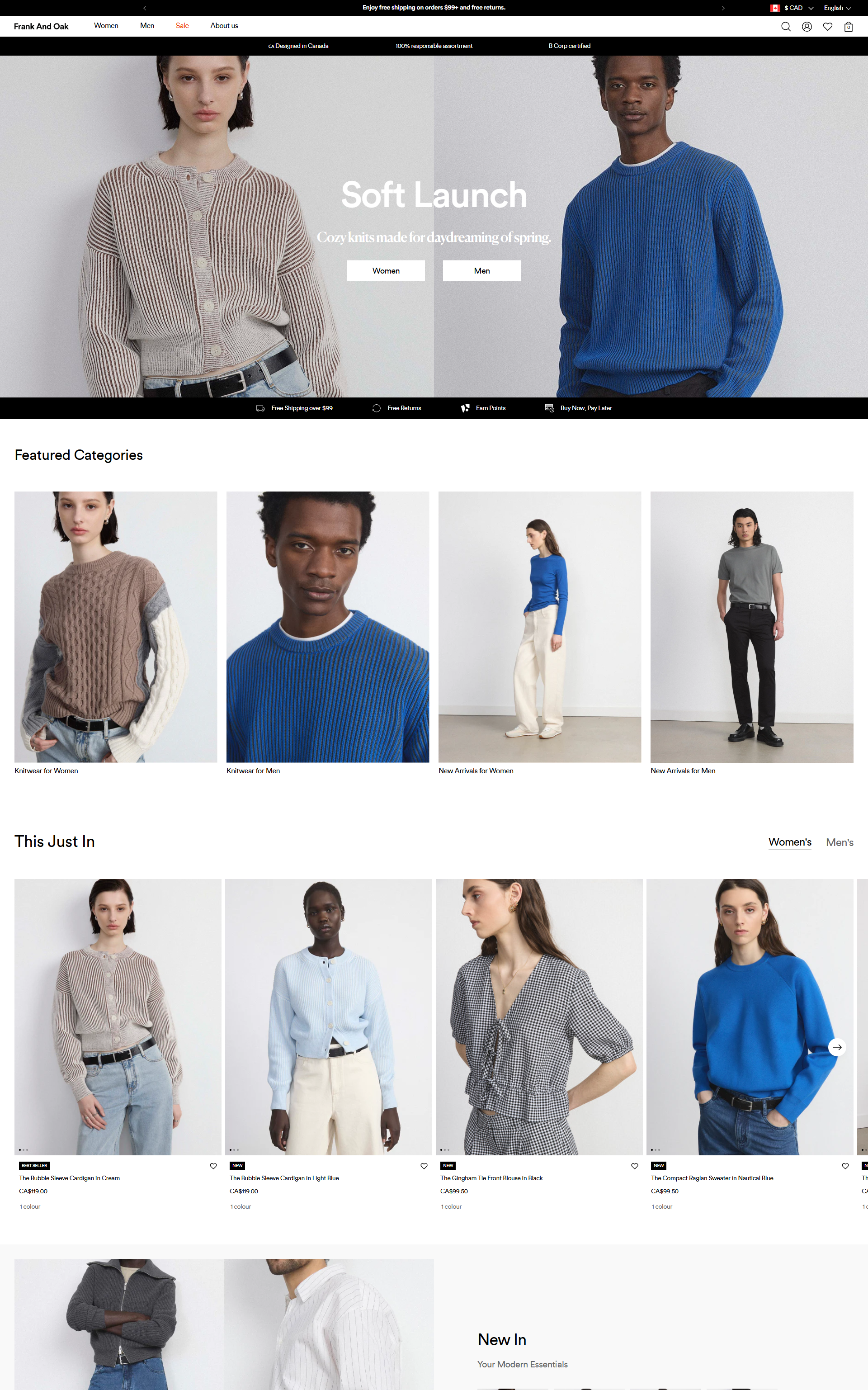 Frank & Oak homepage hero with Women and Men buttons, and a bar promising free shipping over $99, free returns and buy now, pay later