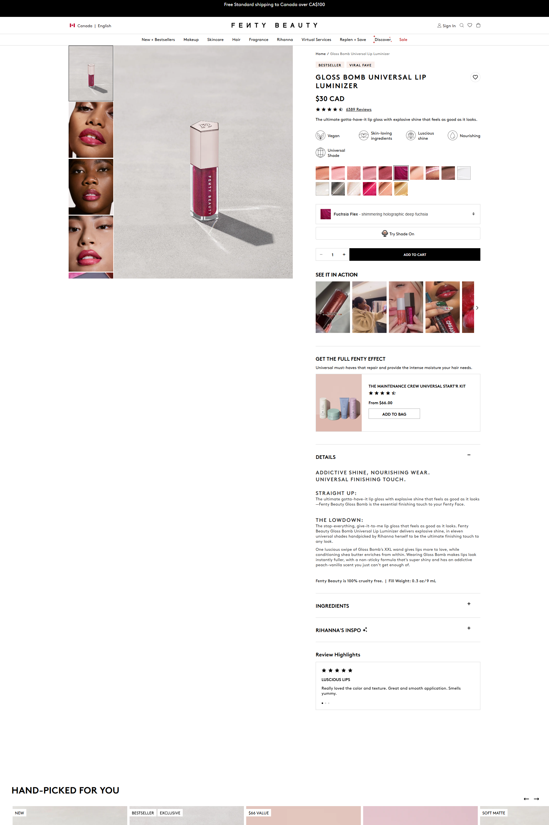 Fenty Beauty Gloss Bomb product page with Bestseller and Viral Fave badges, star rating and 6,089 reviews under the title, shade swatches and add to cart button