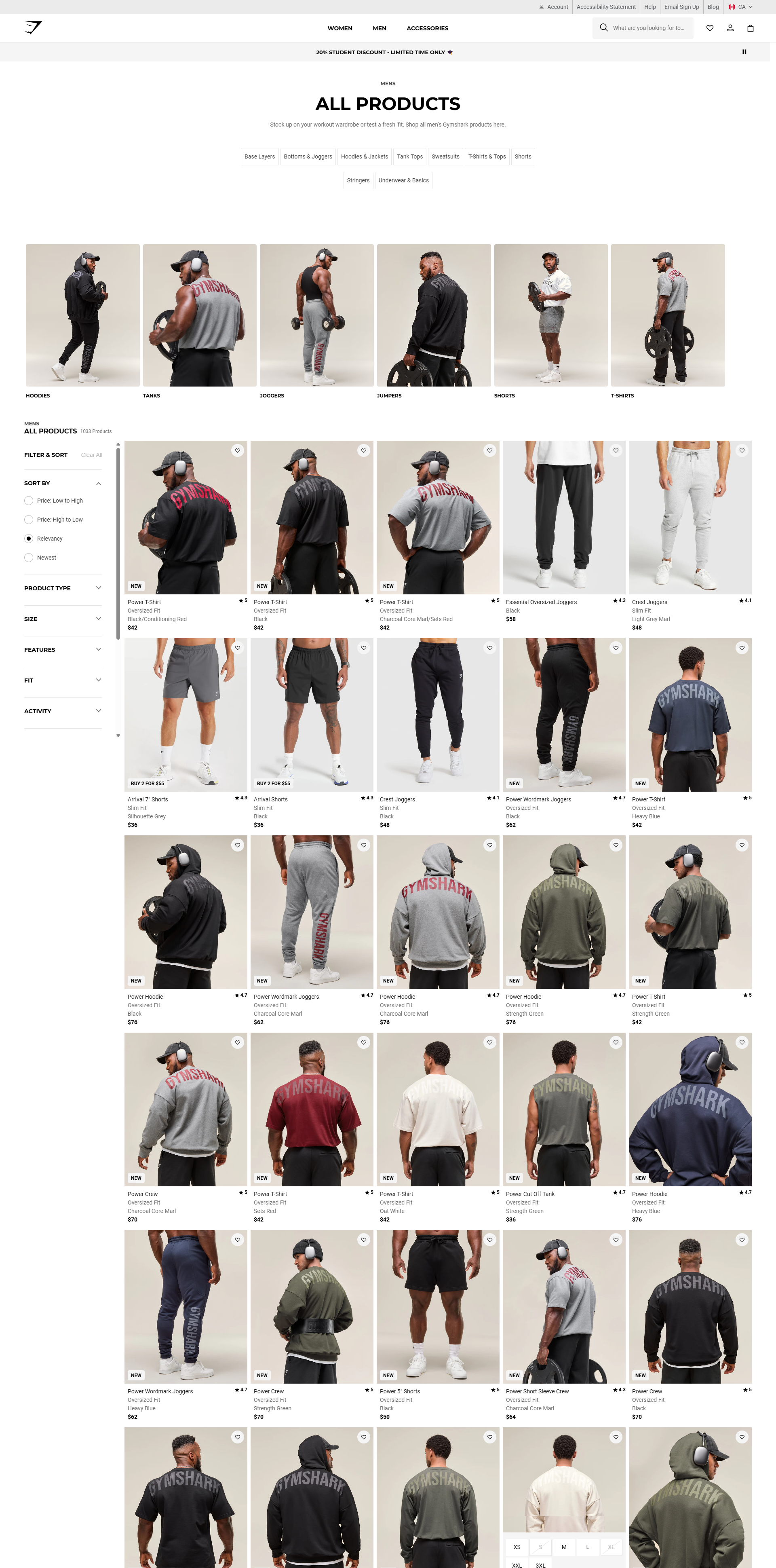 Gymshark All Products collection page with a Filter and Sort sidebar: sort by price, product type, size, features, fit and activity