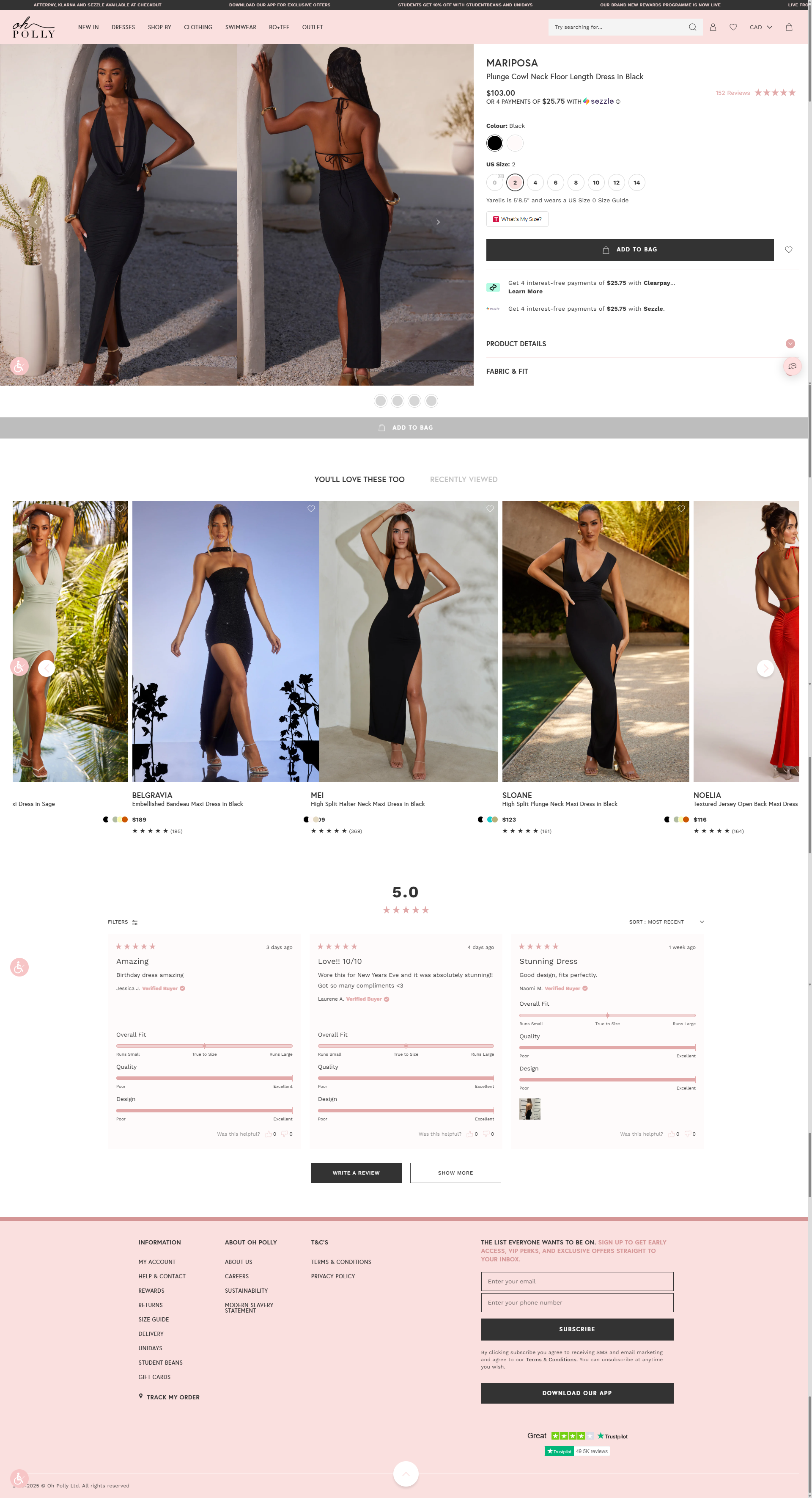 Oh Polly product reviews with a 5.0 average and sliders for overall fit, quality and design on each review