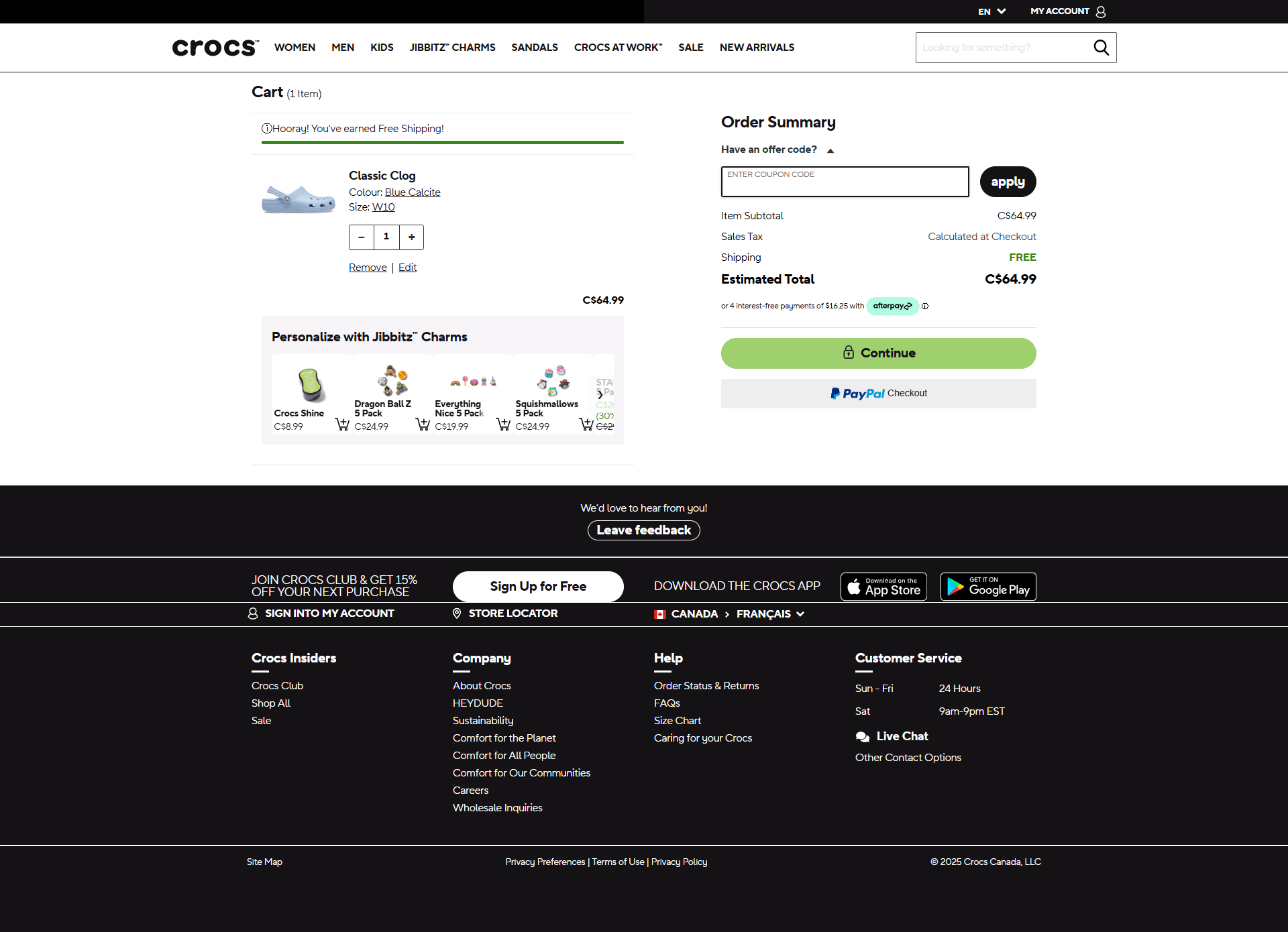 Crocs cart with a Hooray! You've earned Free Shipping! bar, Jibbitz add-ons, an offer code field tucked behind a link, an Afterpay pay-later note and a PayPal checkout button