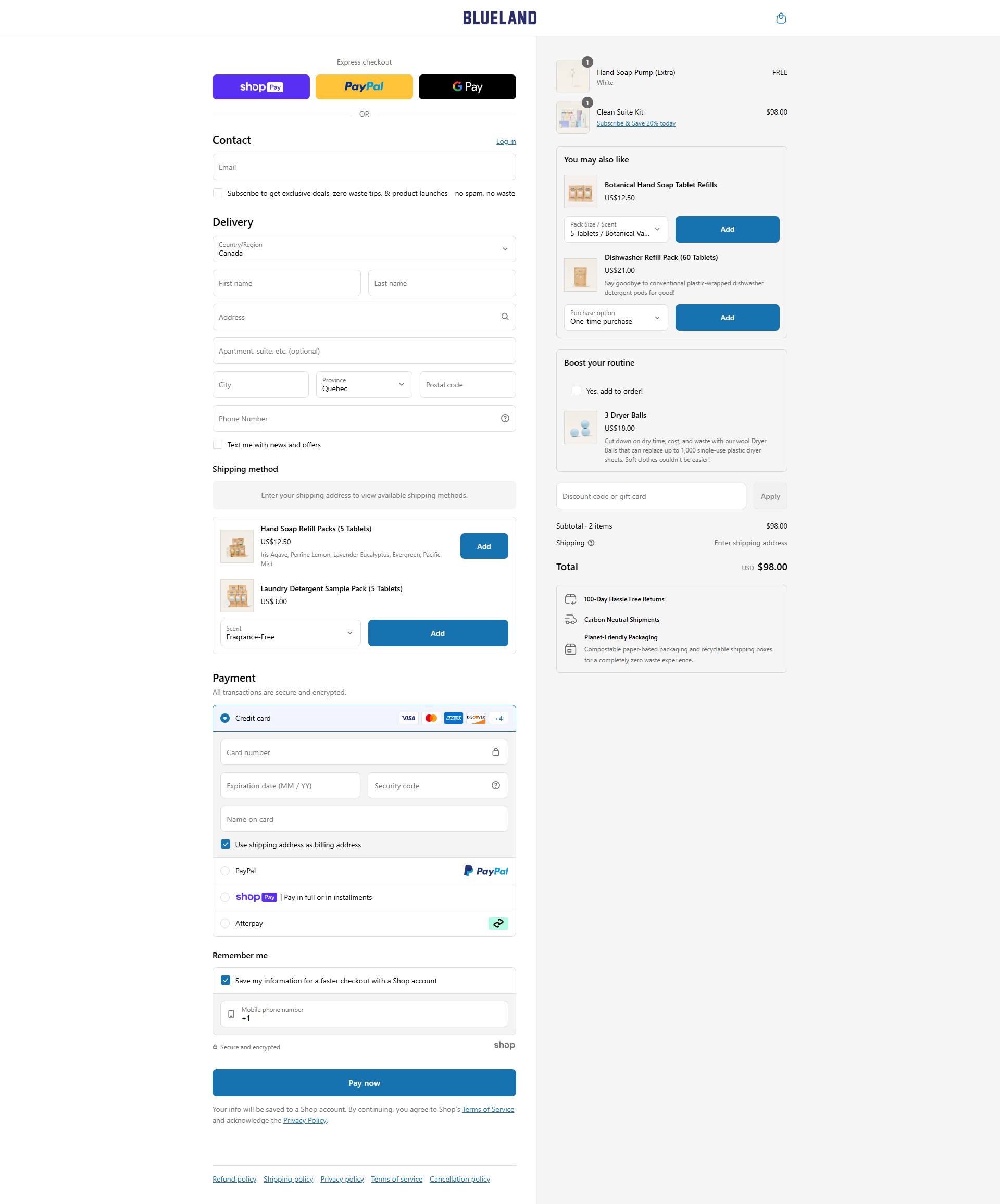 Blueland checkout order summary with a Yes, add to order add-on, a small discount code field, and promises: 180-day hassle-free returns, carbon neutral shipments, planet-friendly packaging