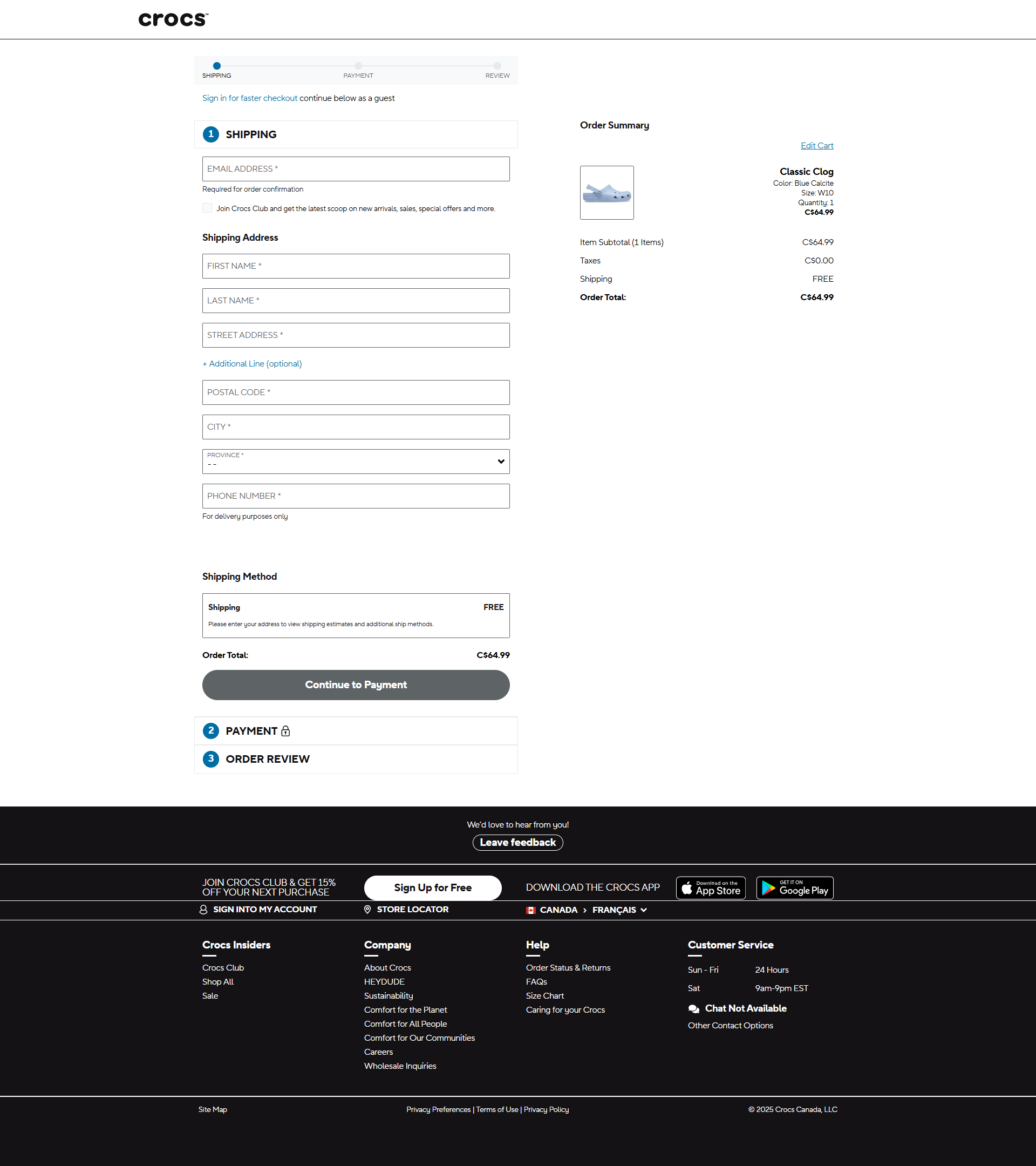 Crocs multi-step checkout with a Shipping, Payment, Review progress bar, a continue below as a guest option and numbered steps