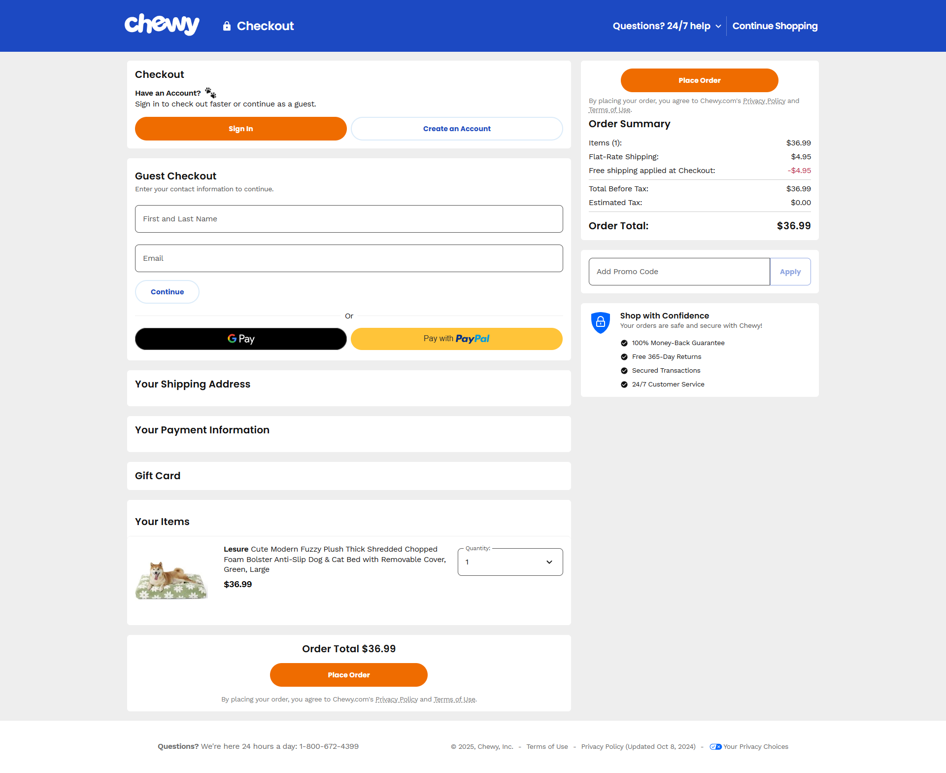 Chewy checkout with sign in or guest checkout, Google Pay and PayPal buttons, free shipping applied in the order summary, and a Shop with Confidence box: money-back guarantee, 365-day returns, secured transactions, 24/7 customer service