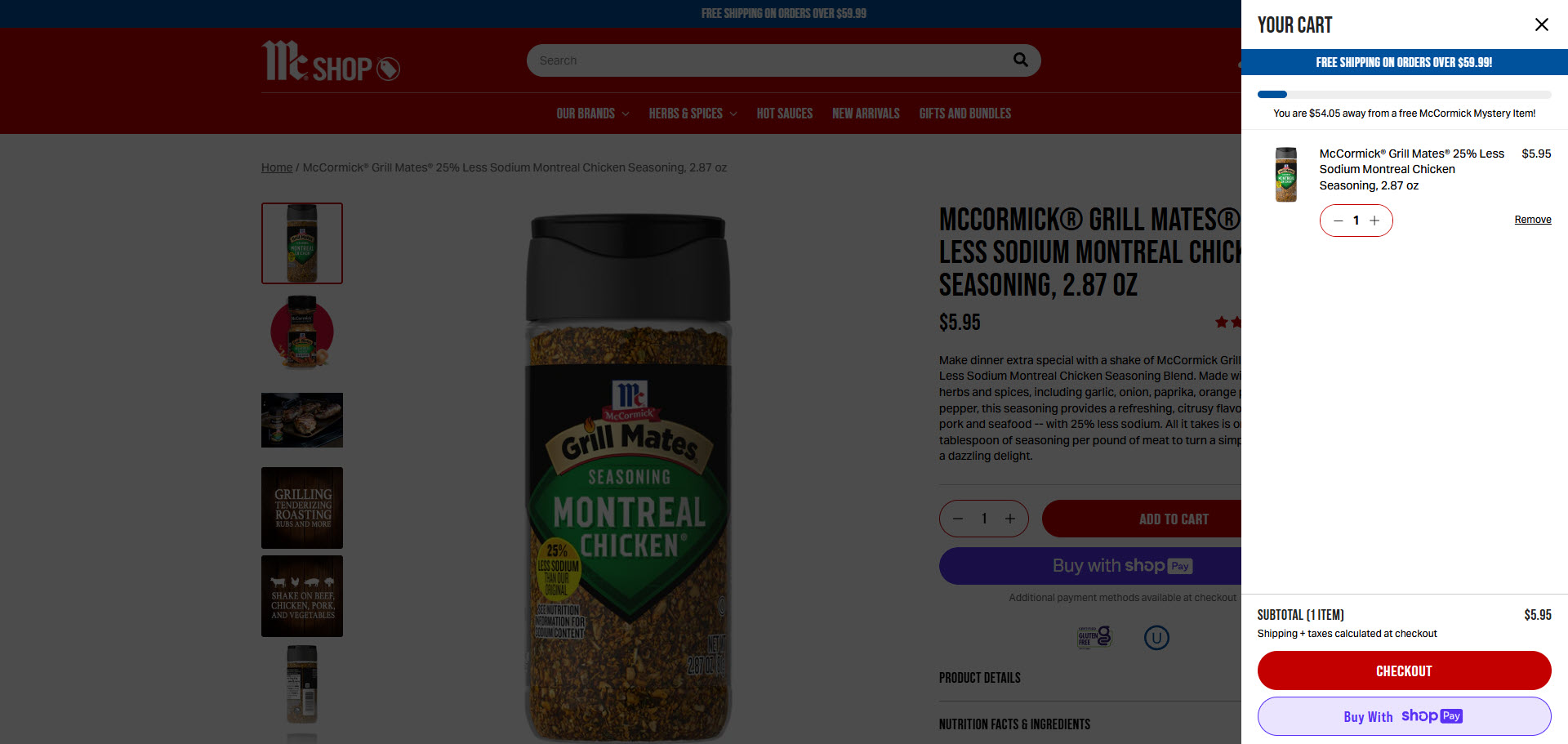 McCormick cart drawer with a free shipping progress bar ($54.05 away), a checkout button and a Buy with Shop Pay button