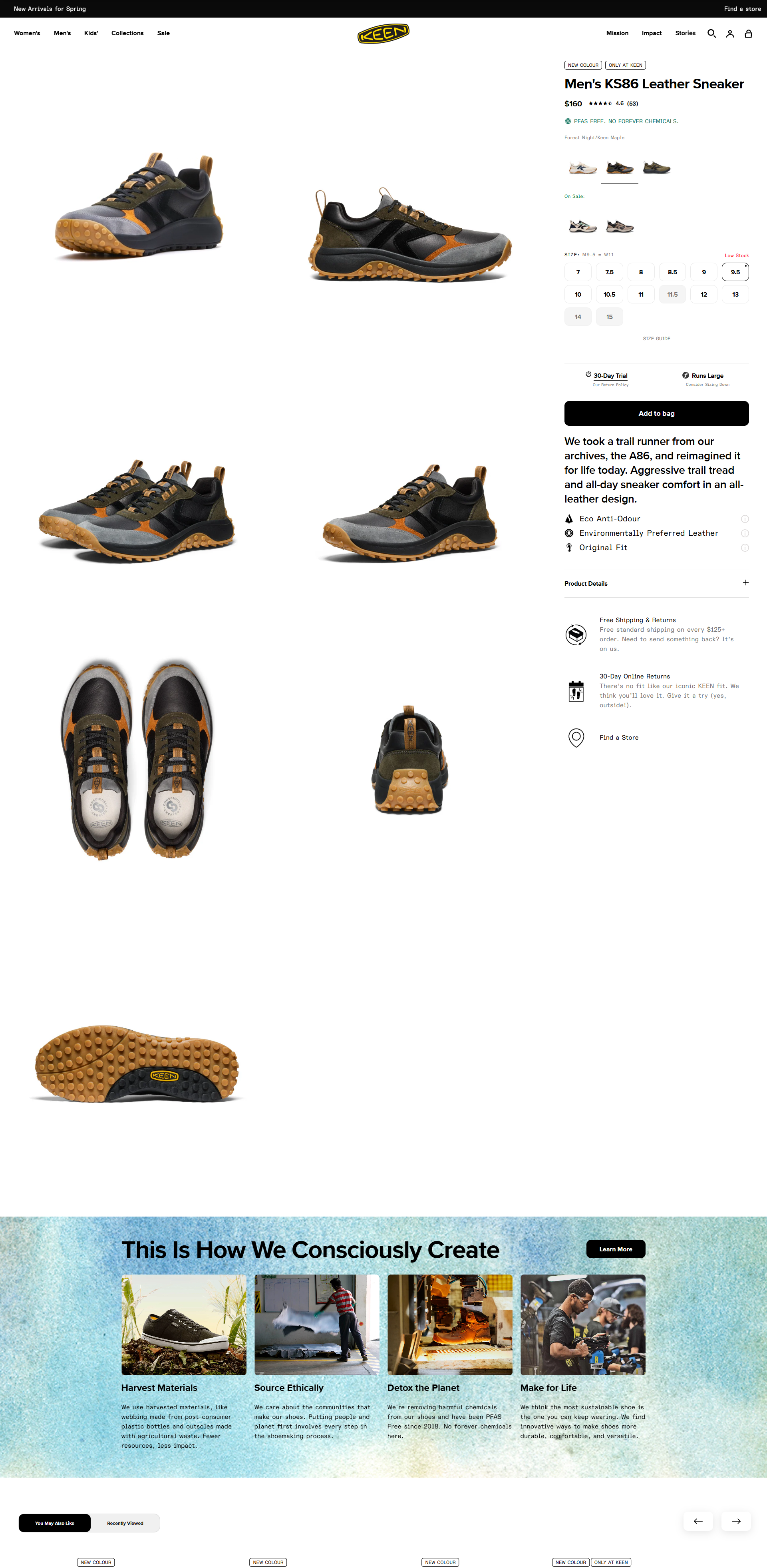 KEEN product page with 30-Day Trial and Runs Large notes above the Add to bag button, plus Free Shipping and Returns and 30-Day Online Returns details below