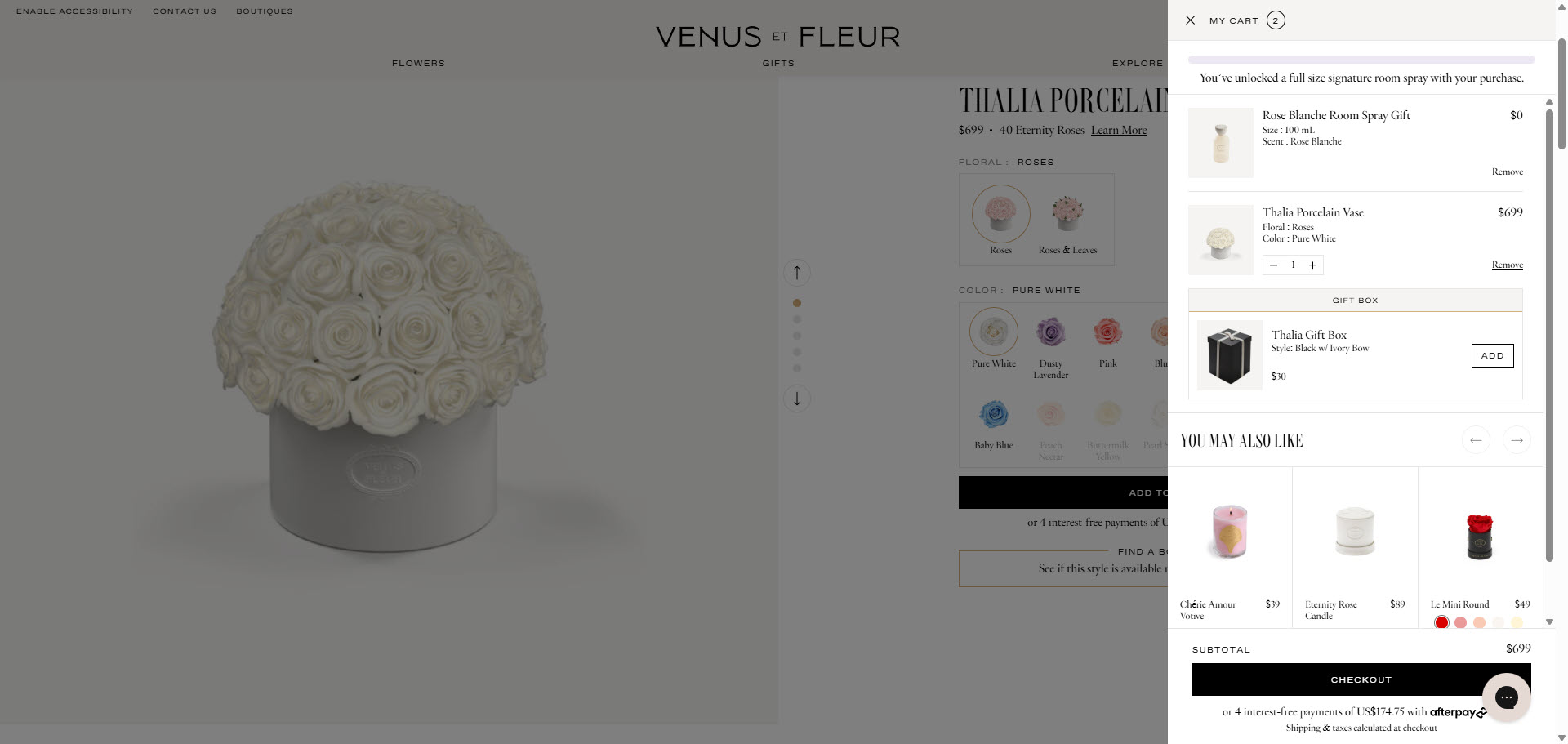 Venus et Fleur cart drawer with an unlocked free gift, a $30 gift box add-on and You may also like suggestions