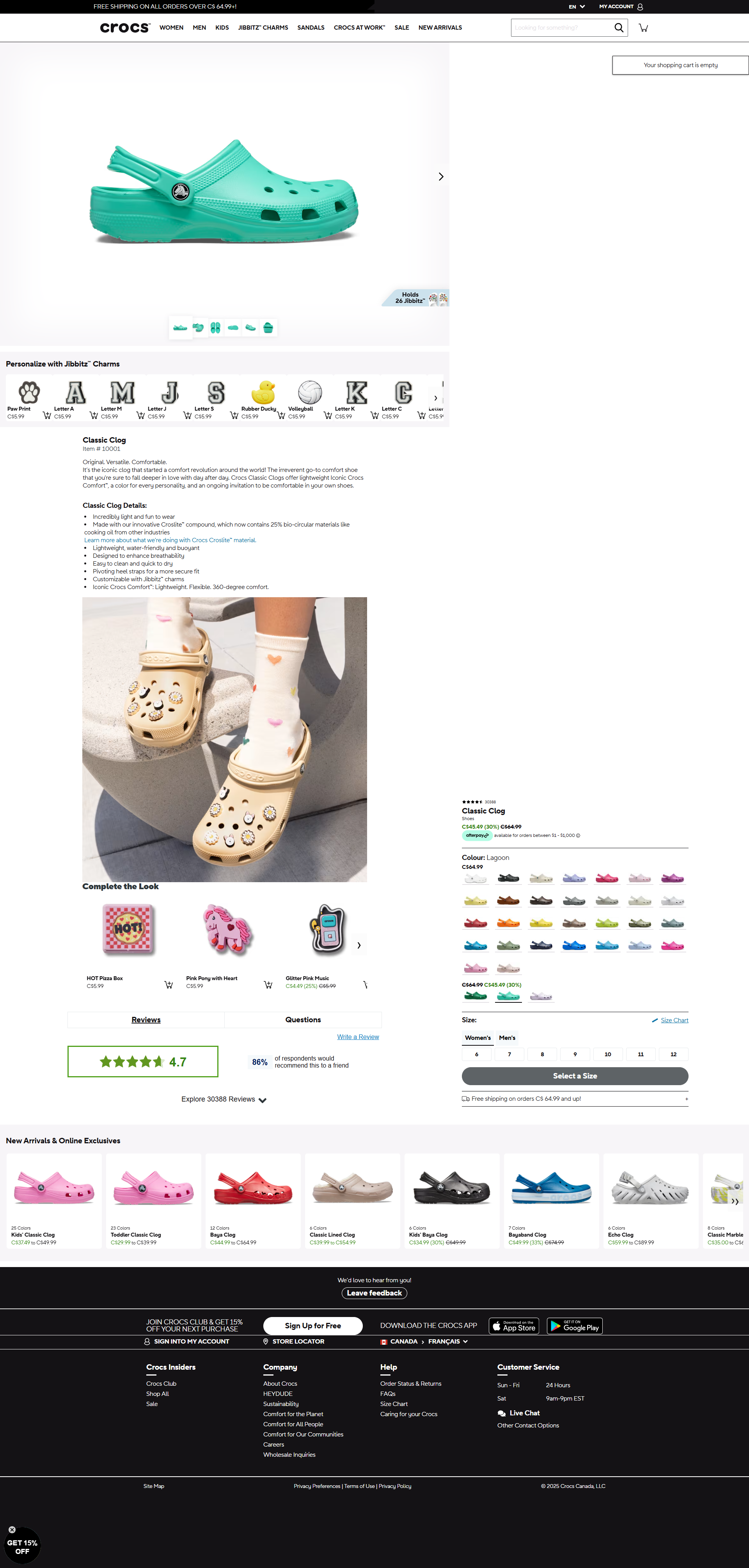 Crocs product page buy box with star rating, a crossed-off price shown in bold green, an Afterpay note, color swatches, a size picker and a free shipping line