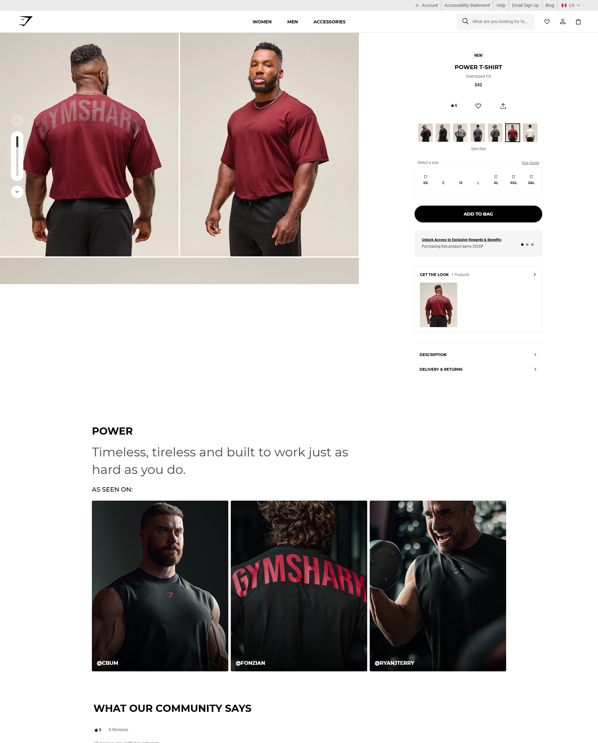 Gymshark product page with large photos on a plain background, a NEW badge, a $42 price with no cents, color thumbnails, a size guide link and an Add to Bag button