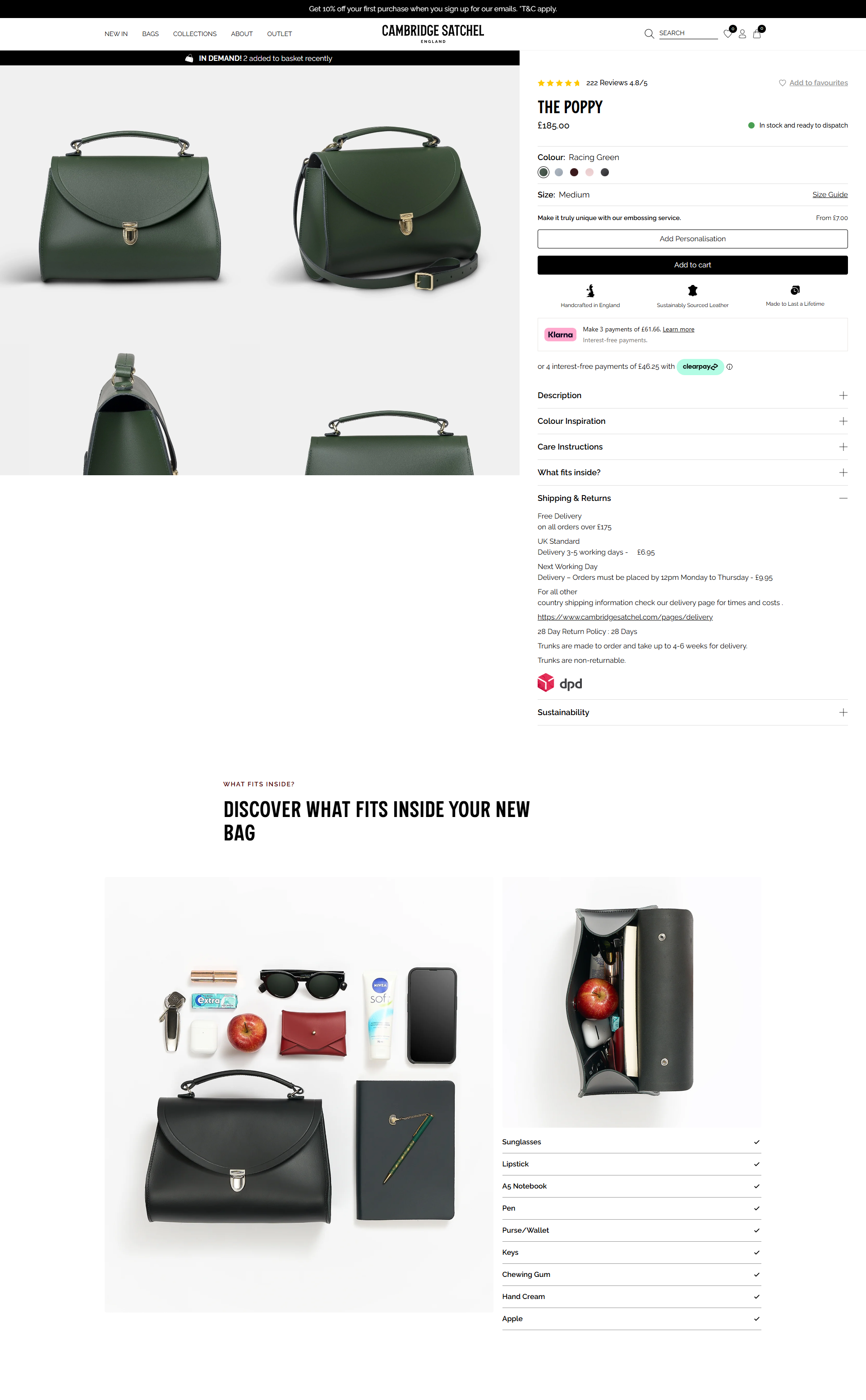 Cambridge Satchel product page buy box with 222 reviews, an in stock message, color swatches, a size guide, an Add to cart button, Klarna and Clearpay payment plans and an open Shipping and Returns section