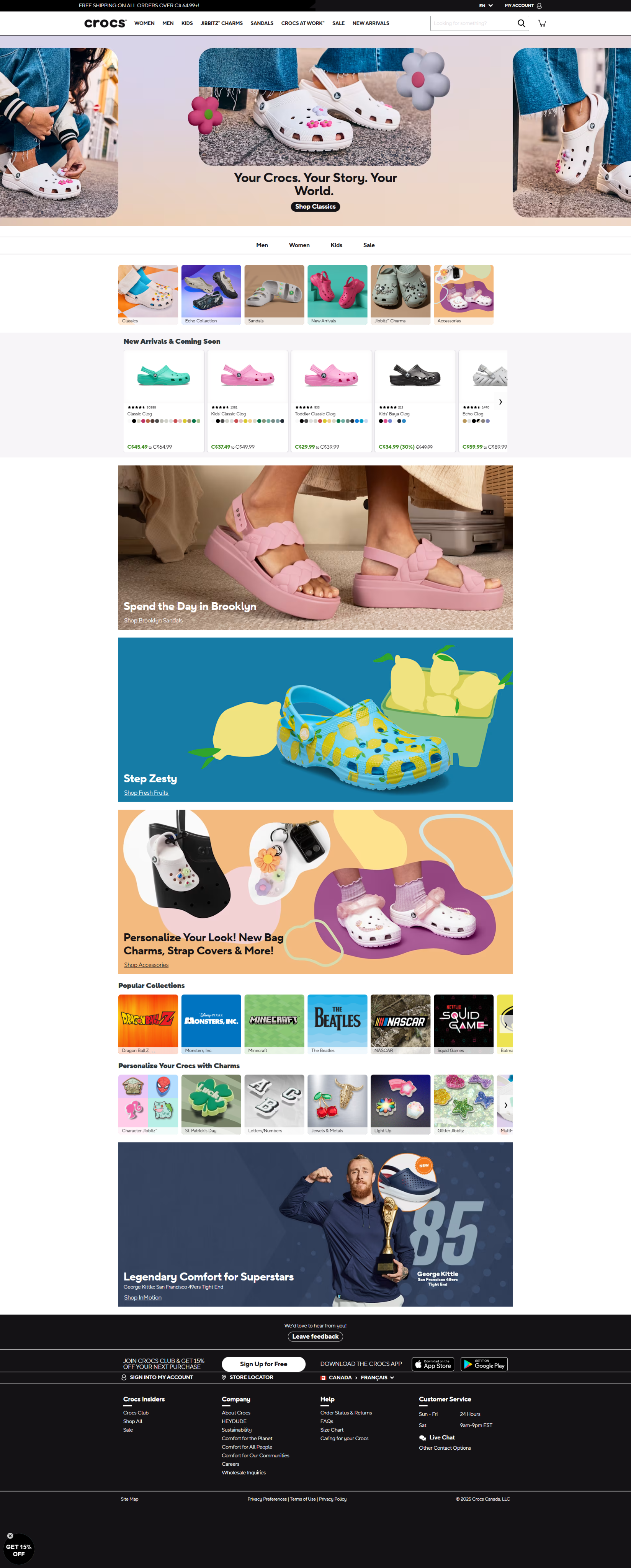 Crocs homepage with a free shipping bar at the very top, a hero banner, Men, Women, Kids and Sale links, and photo tiles for Classics, Echo, Sandals, New Arrivals, Jibbitz Charms and Accessories