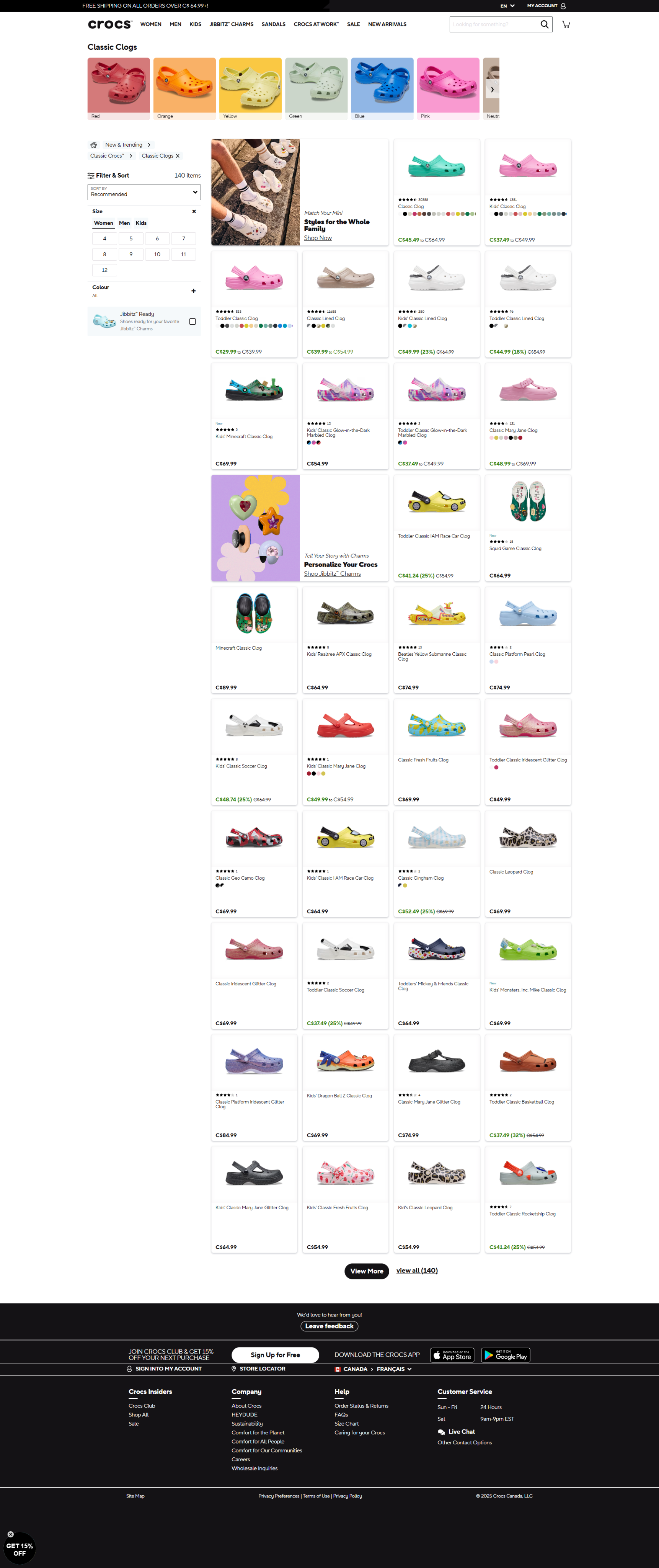 Crocs Classic Clogs collection page with color tiles at the top, a Filter and Sort sidebar, and product boxes showing star ratings, review counts, color swatches and sale prices in bold green