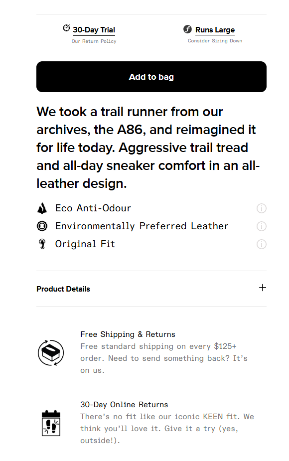 KEEN product page with 30-Day Trial and Runs Large notes above the Add to bag button, and Free Shipping and Returns and 30-Day Online Returns details below