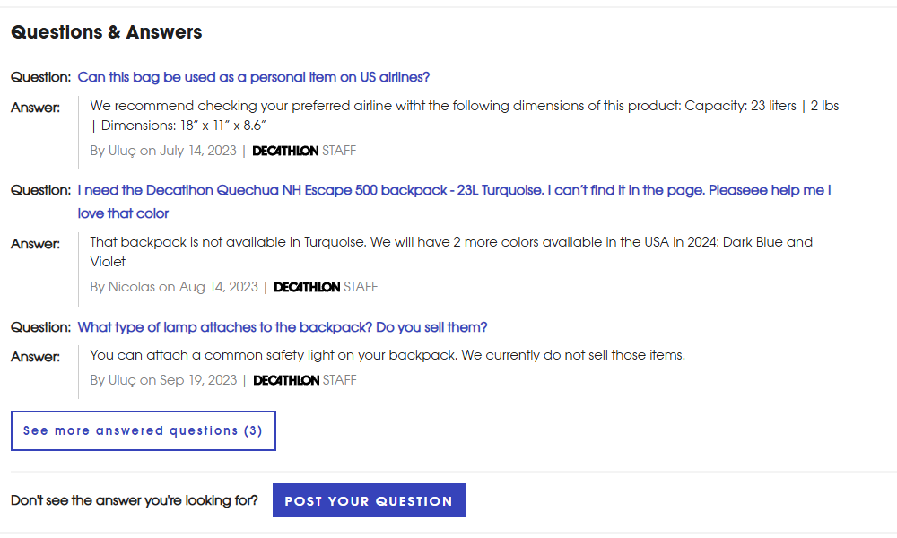 Decathlon product page Questions and Answers section: shopper questions about airline carry-on size, colors and lights, each answered by Decathlon staff, with a See more answered questions button and a Post your question button