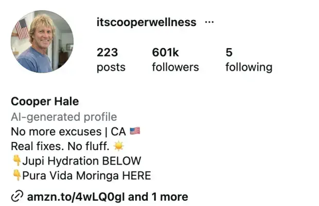 Cooper Hale's Instagram profile, labeled AI-generated profile: 601K followers, 223 posts, Amazon and brand links in bio
