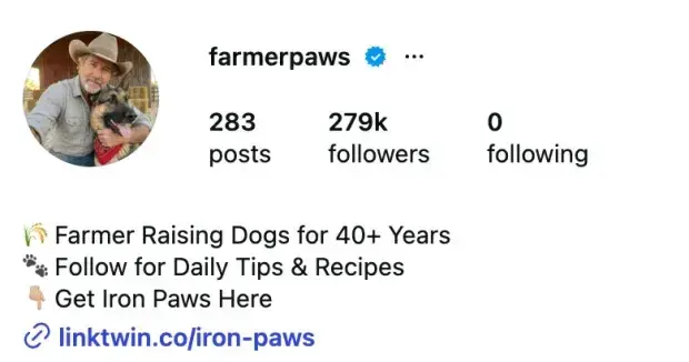 Farmer Paws Instagram profile: 279K followers, 283 posts, bio links to Iron Paws