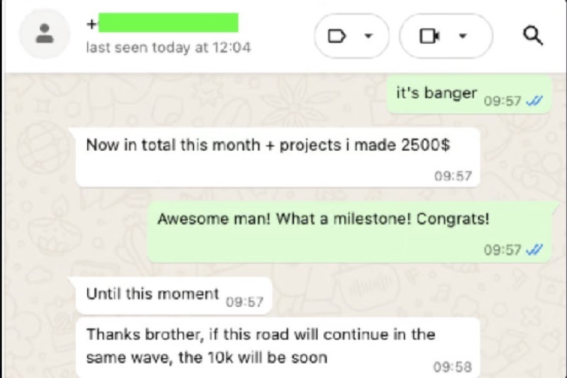 WhatsApp message from Marsel: $2,500 made this month