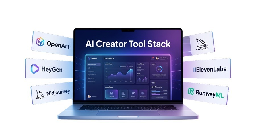 The Lean Tech Stack — the AI creator tool dashboard with OpenArt, HeyGen, Midjourney, ElevenLabs and RunwayML