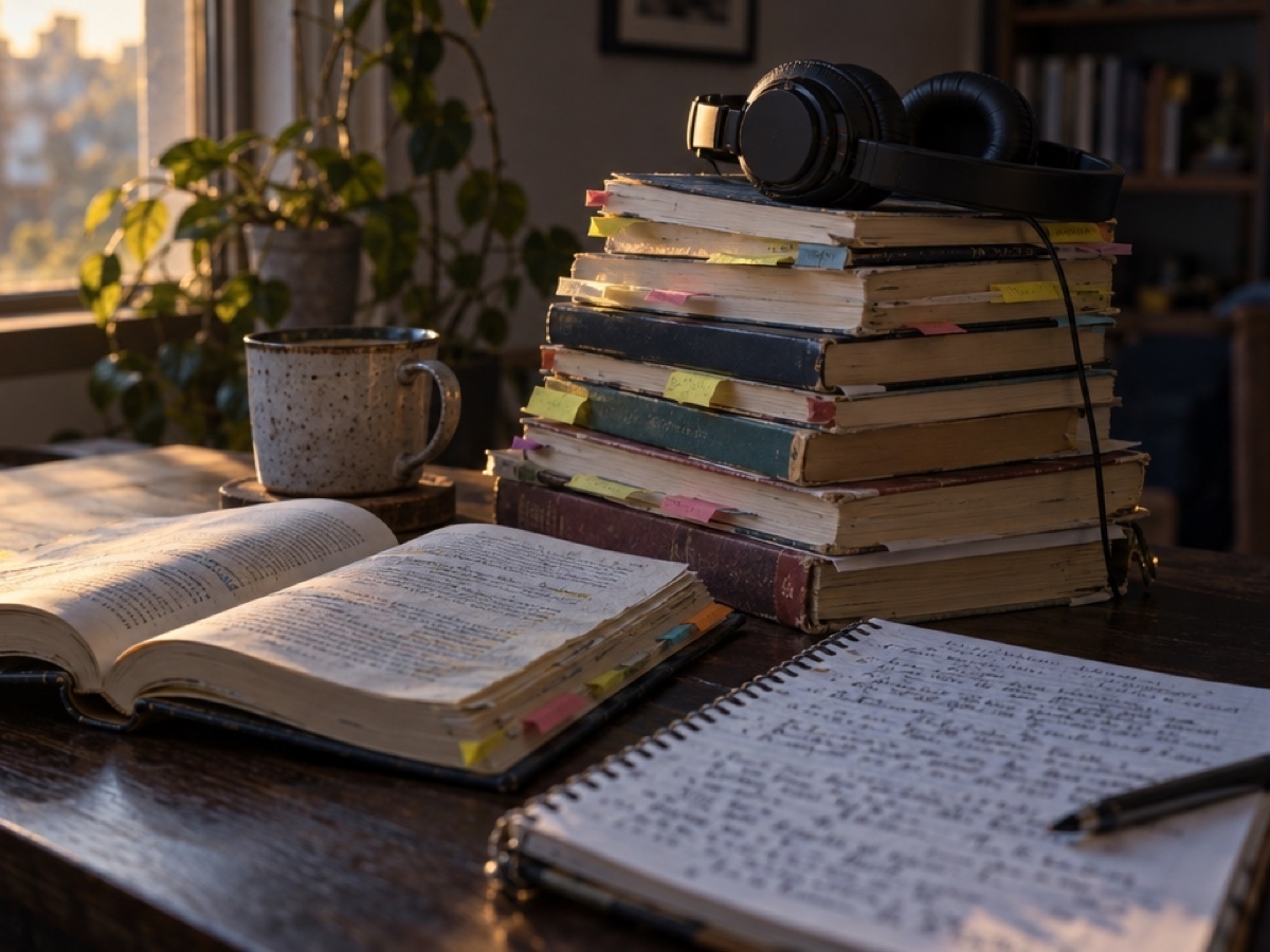 Libros y cuadernos de cursos acumulados sobre una mesa