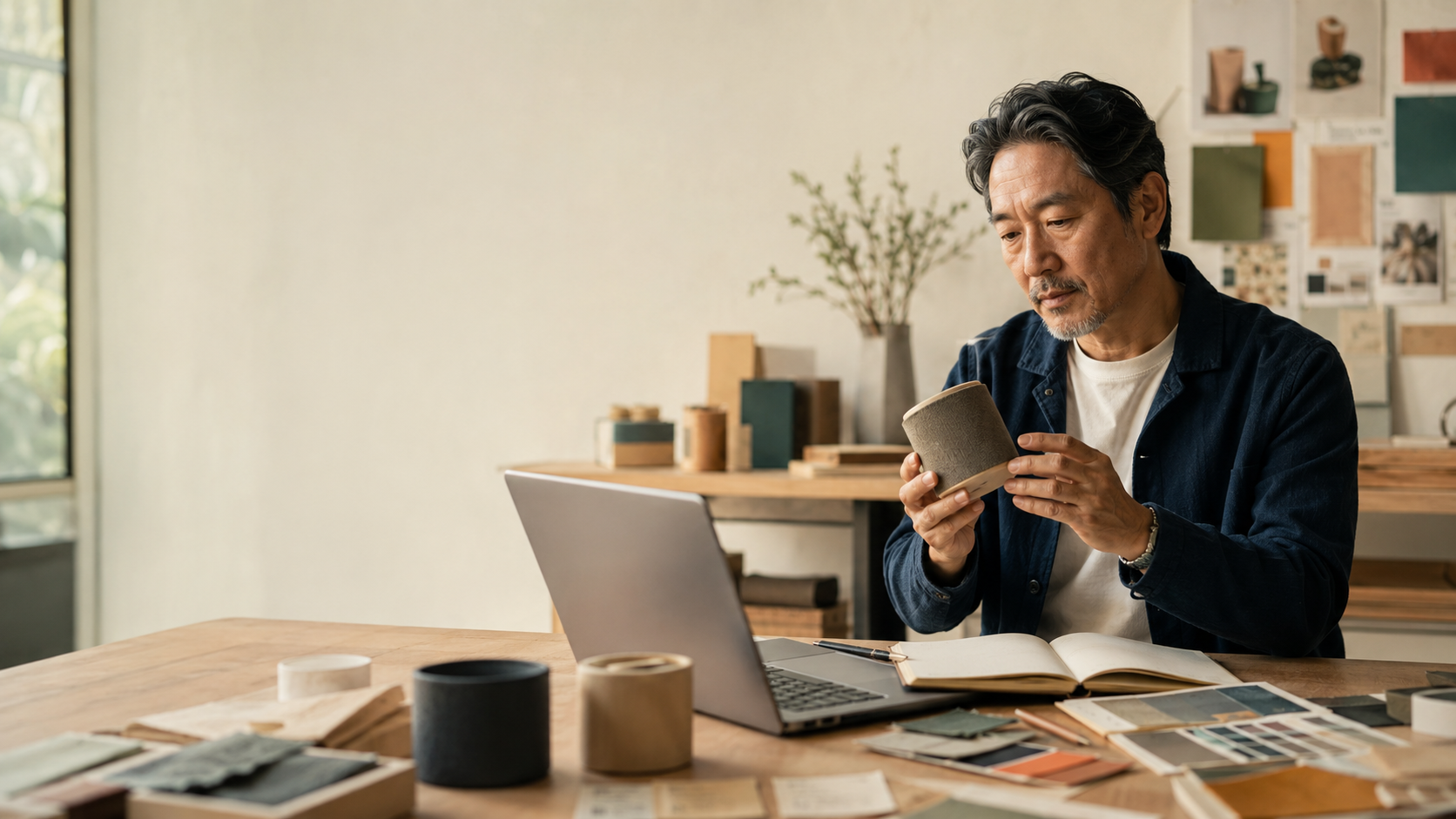 A business owner reviewing a design sample, laptop open, surrounded by a mood board of materials.