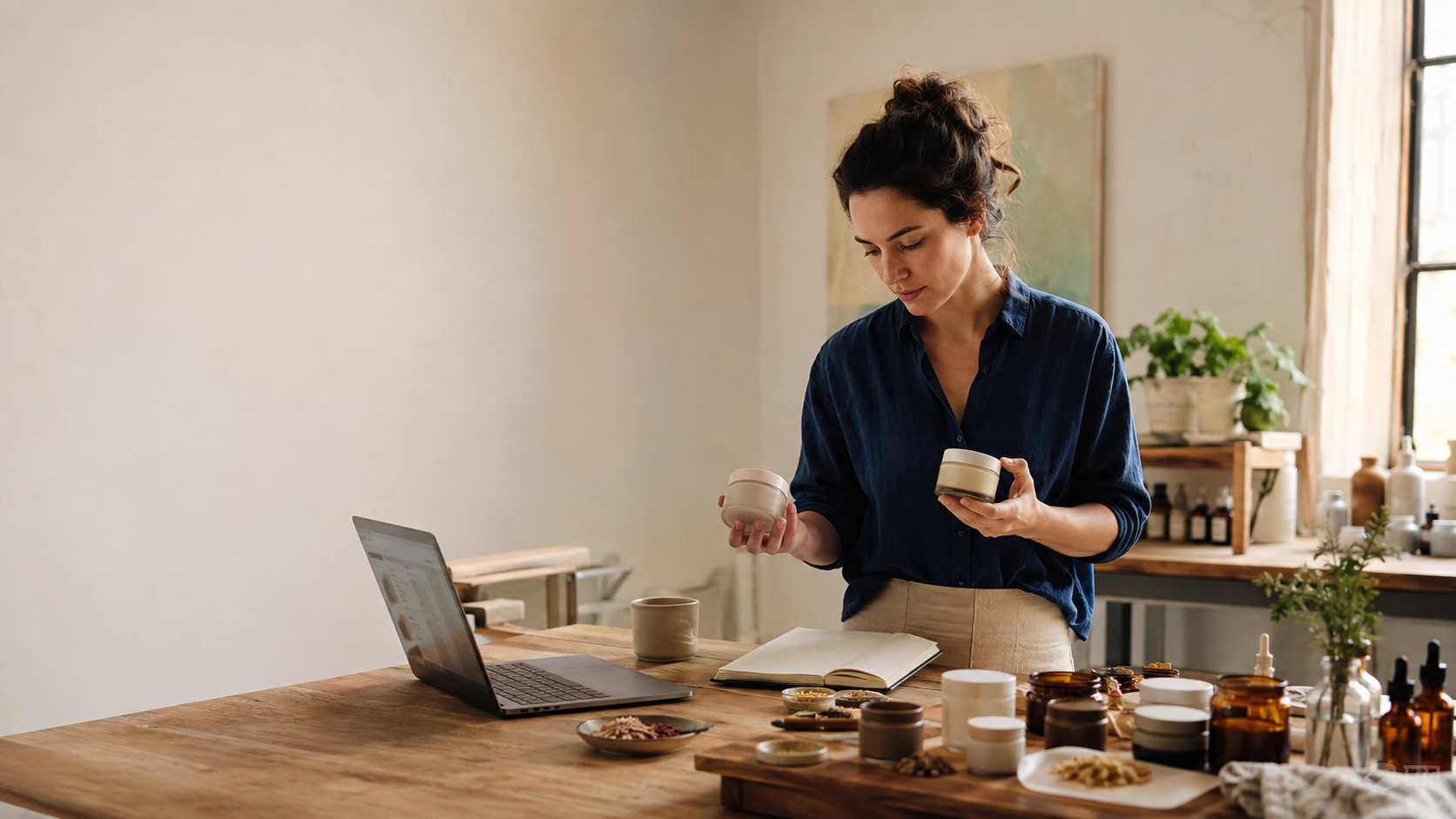 A business owner carefully comparing two options at her workbench.