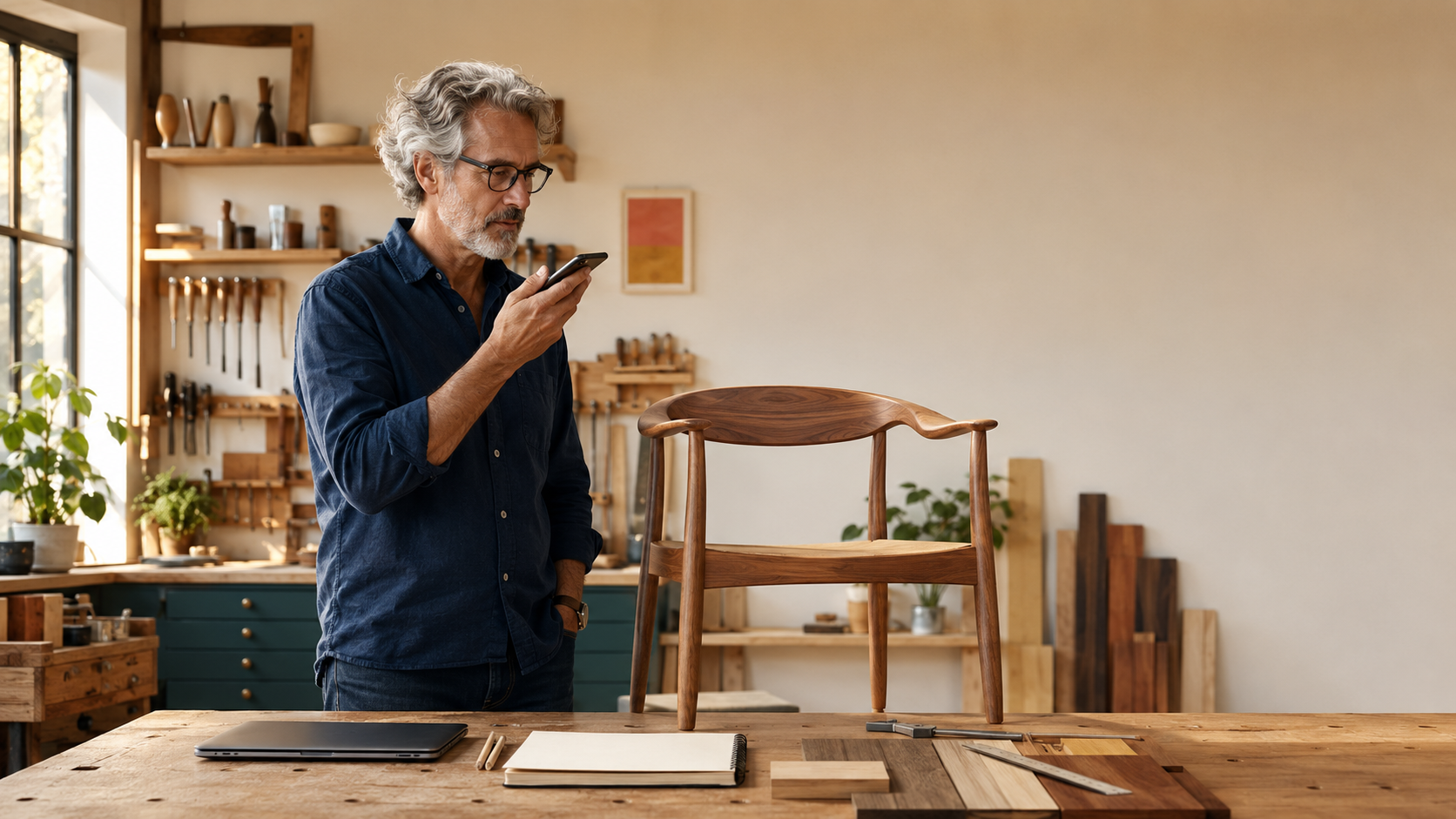 A business owner on a call in his workshop, working through a decision.