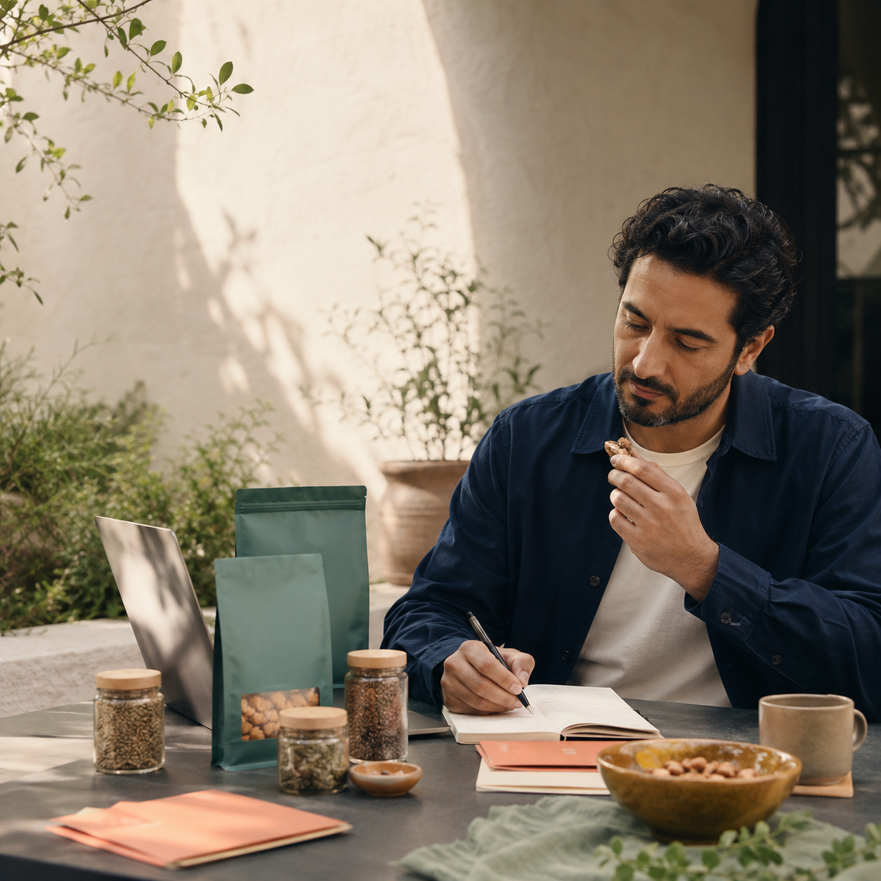 A business owner working calmly outdoors, unhurried, journaling through a decision.