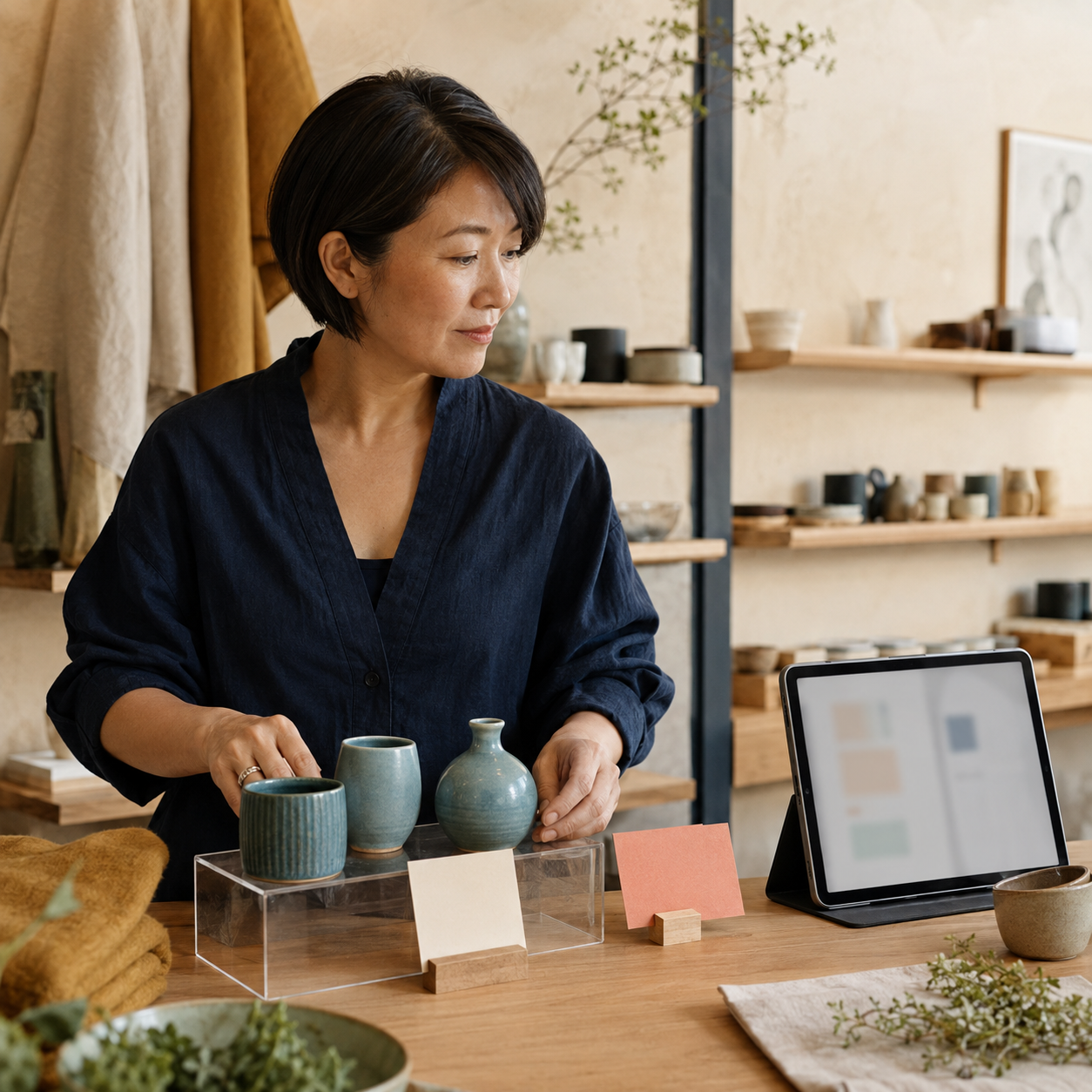 A business owner carefully arranging her work with attentive, deliberate focus.