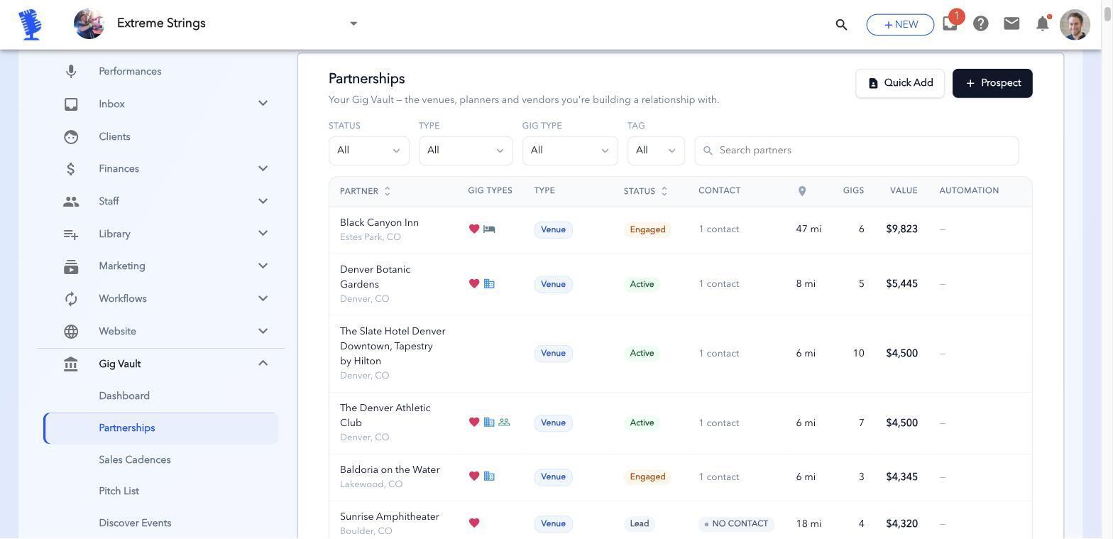 BookLive Gig Vault list of venue and event planner partnerships with their status