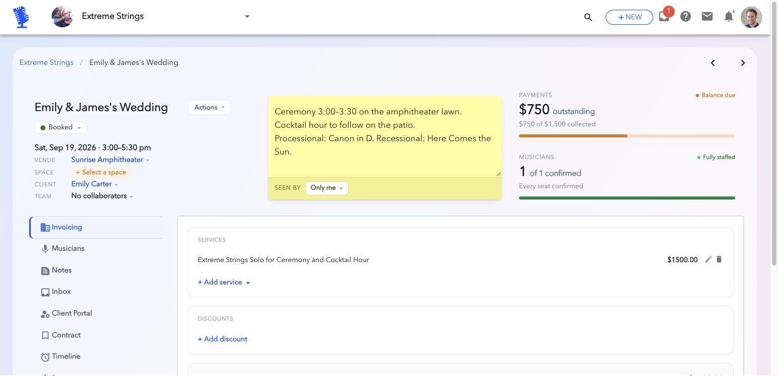 BookLive gig overview showing a fully staffed performance with the invoice and payments collected