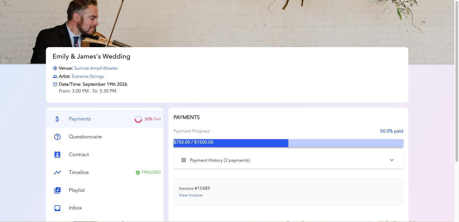 BookLive client portal showing the payments tab a client sees for their event