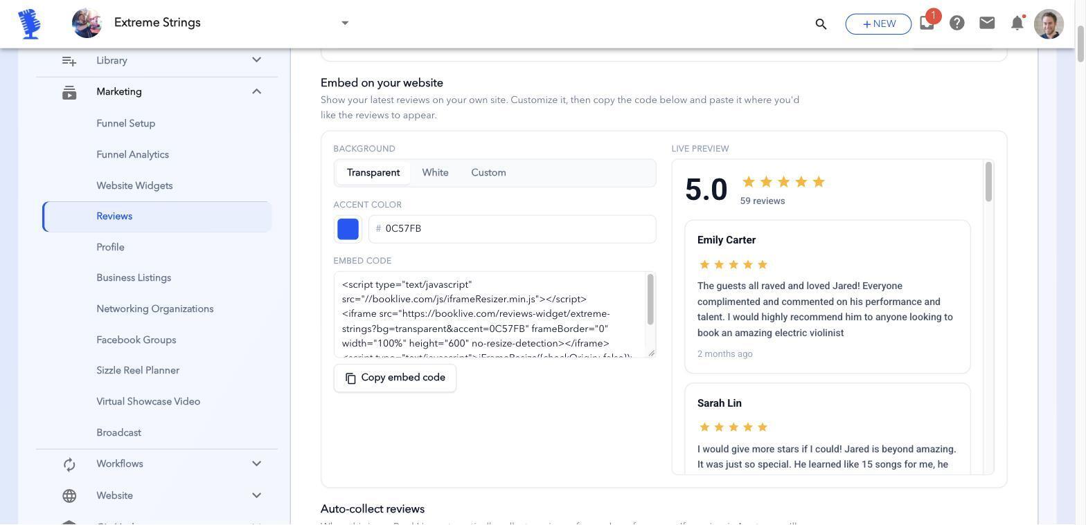BookLive reviews widget showing a five-star average and client reviews