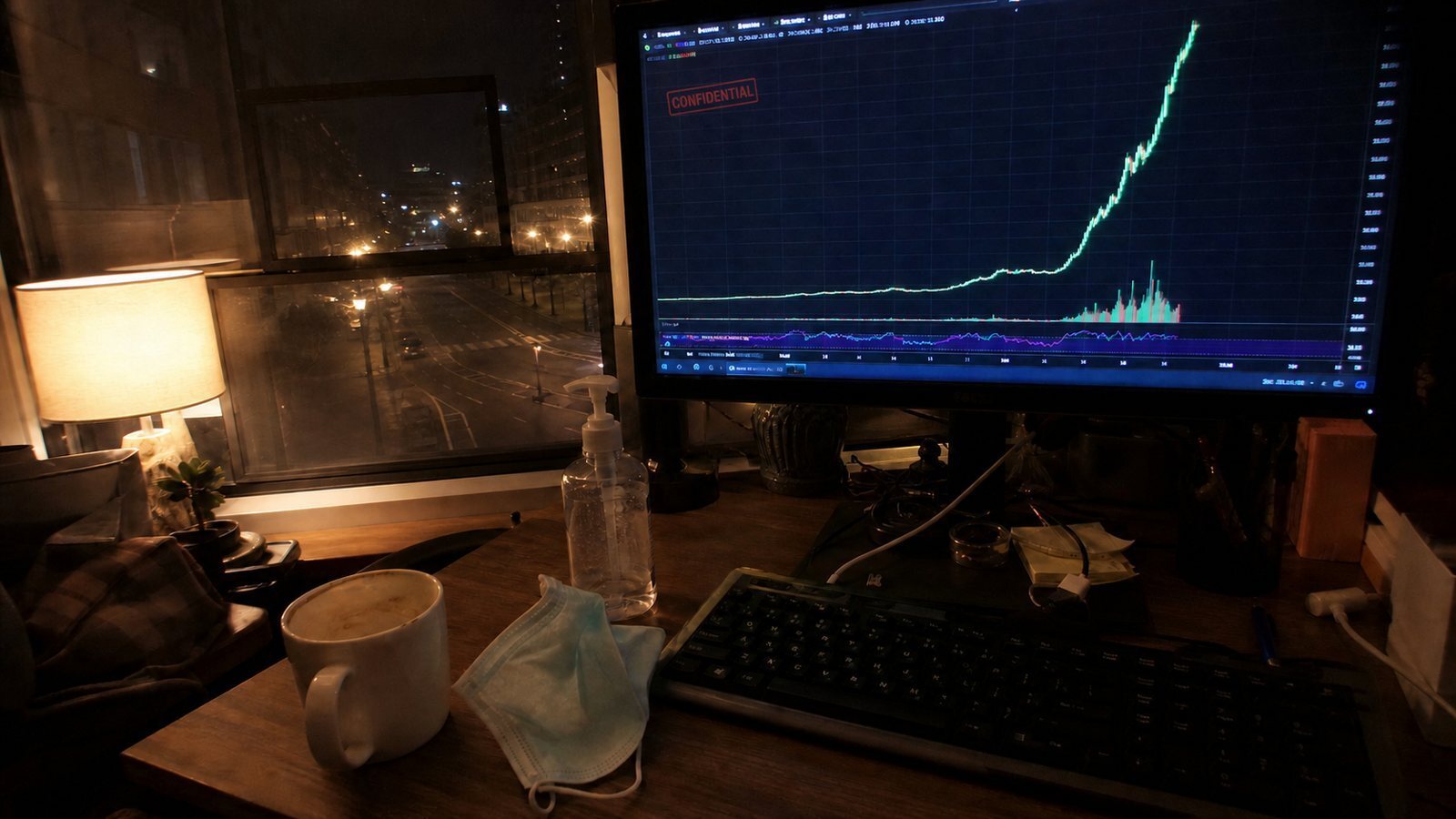 A home-office desk at night in 2020 with a face mask and hand sanitizer beside a monitor