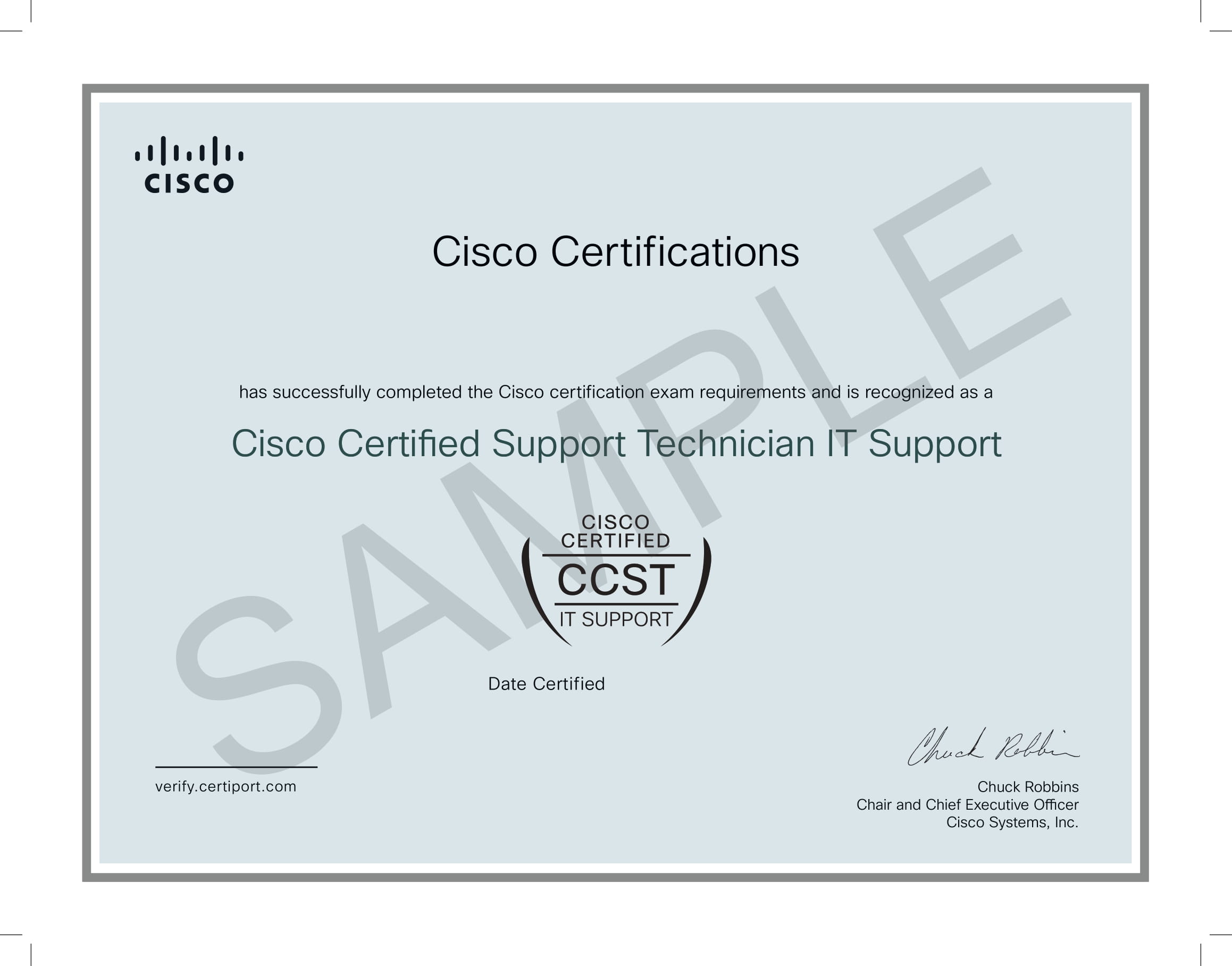 Sample Cisco CCST IT Support certificate
