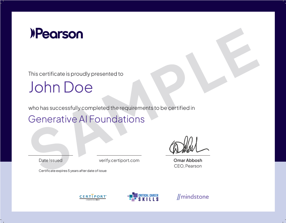 Sample Generative AI Foundations certificate issued by Pearson, verified through Certiport