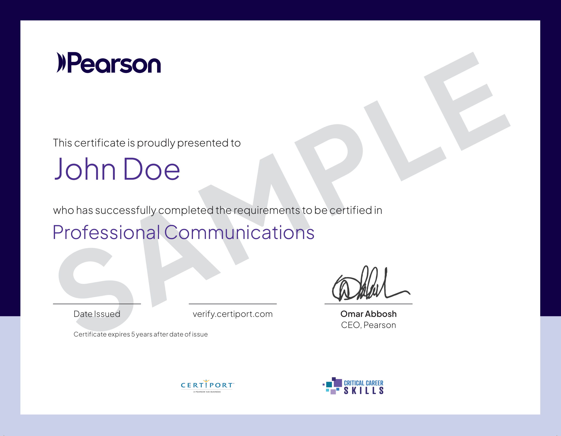 Sample Professional Communications certificate issued by Pearson, verified through Certiport