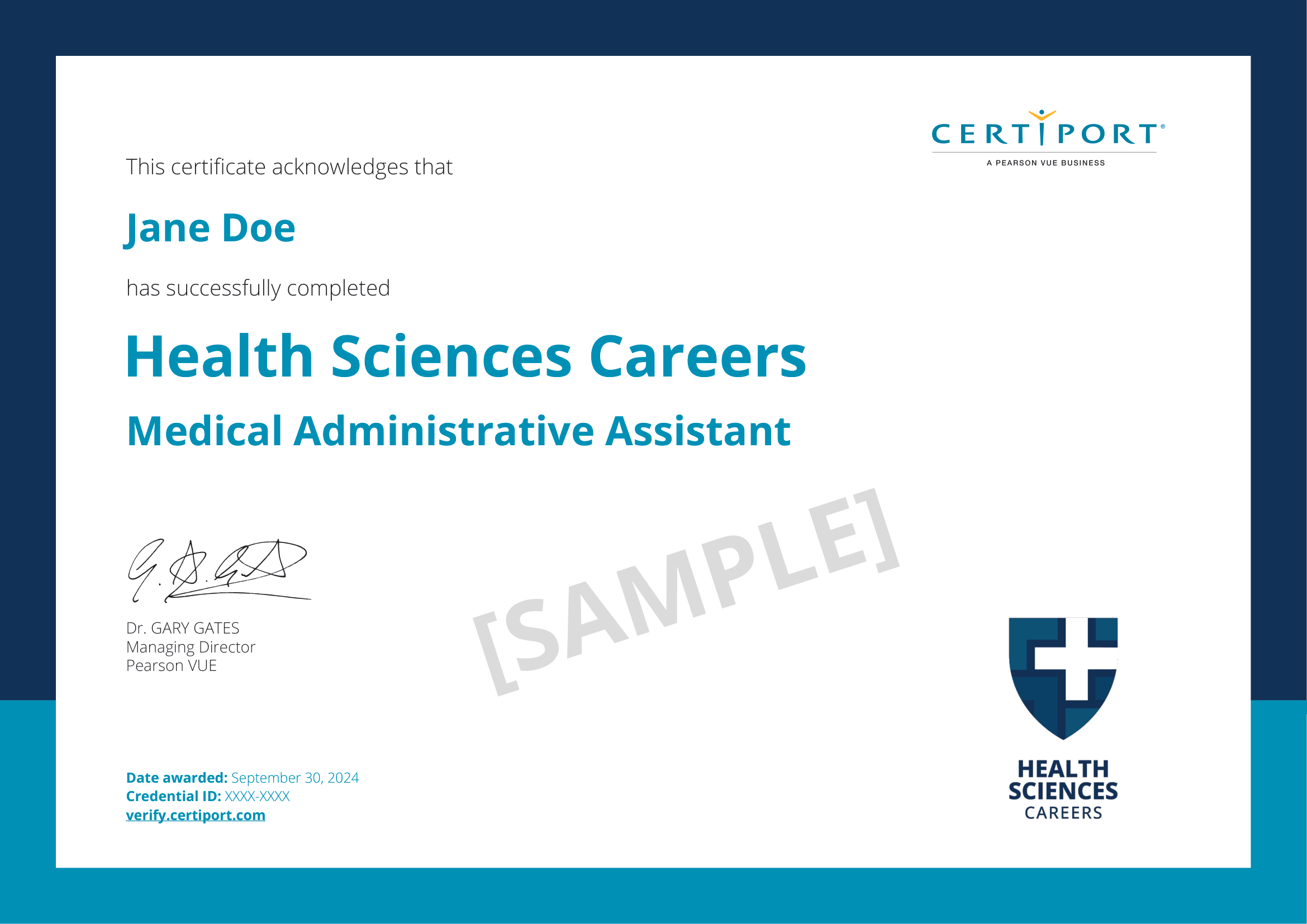 Health Sciences Careers Medical Administrative Assistant โ Sample Certificate