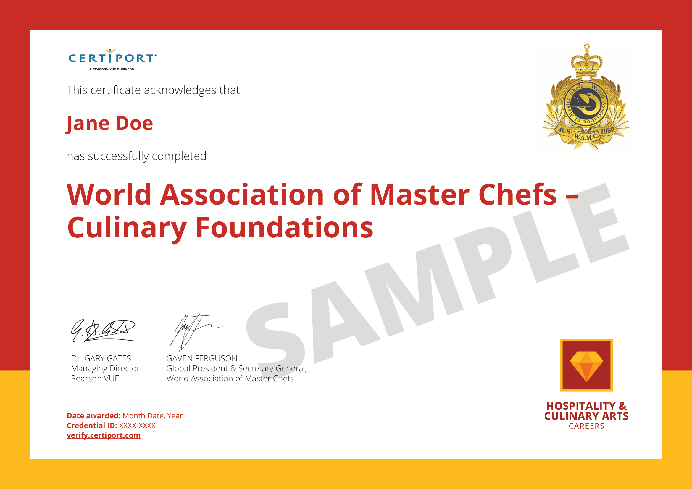 Sample World Association of Master Chefs – Culinary Foundations certificate