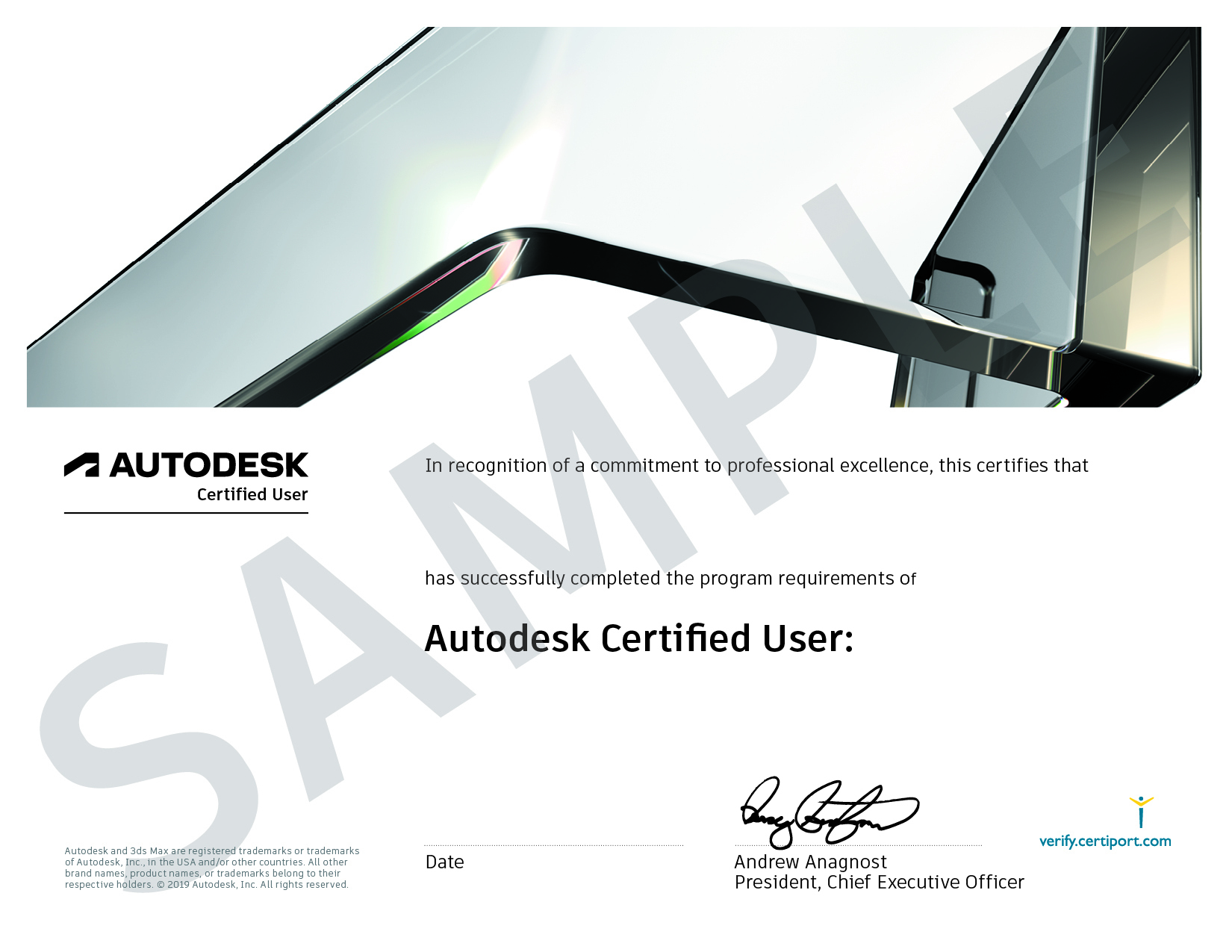 Sample Autodesk Certified User certificate