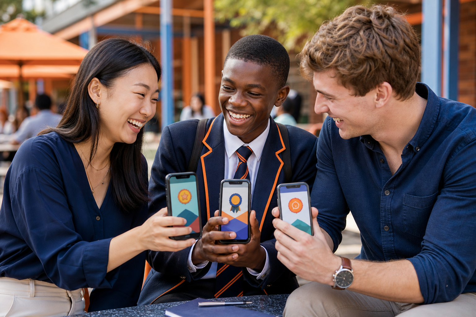 Young people comparing digital certification badges on their phones