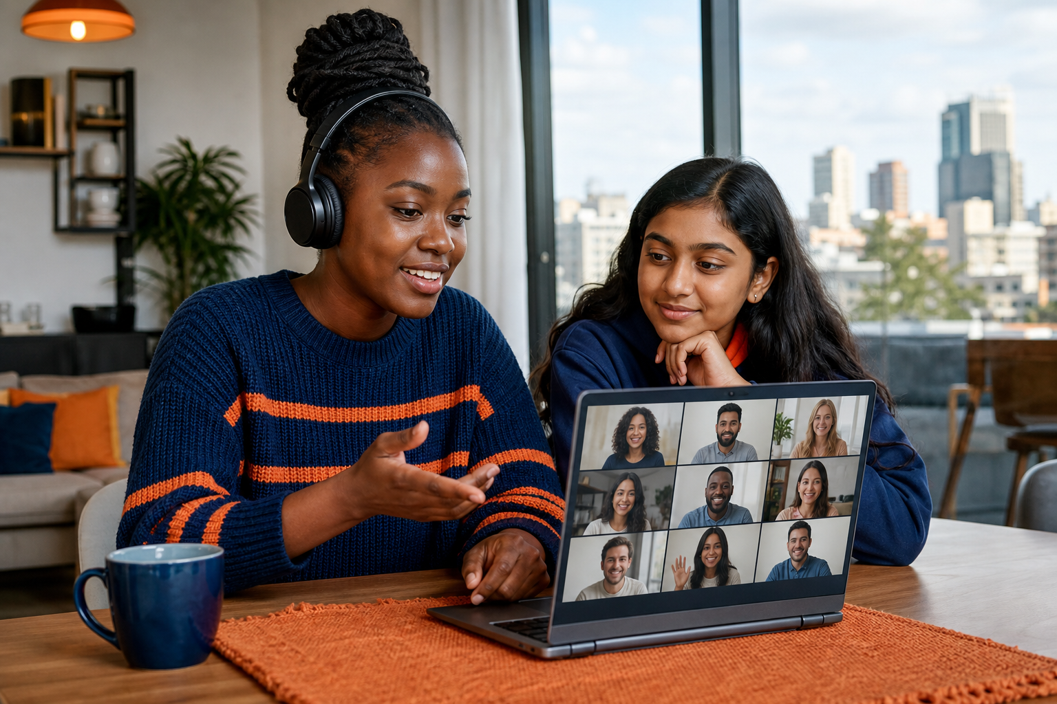 A young professional on a video call with an international team